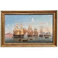Ancienne peinture à l'huile de bateaux maritimes « British Fleet Bay of Naples » signée et datée