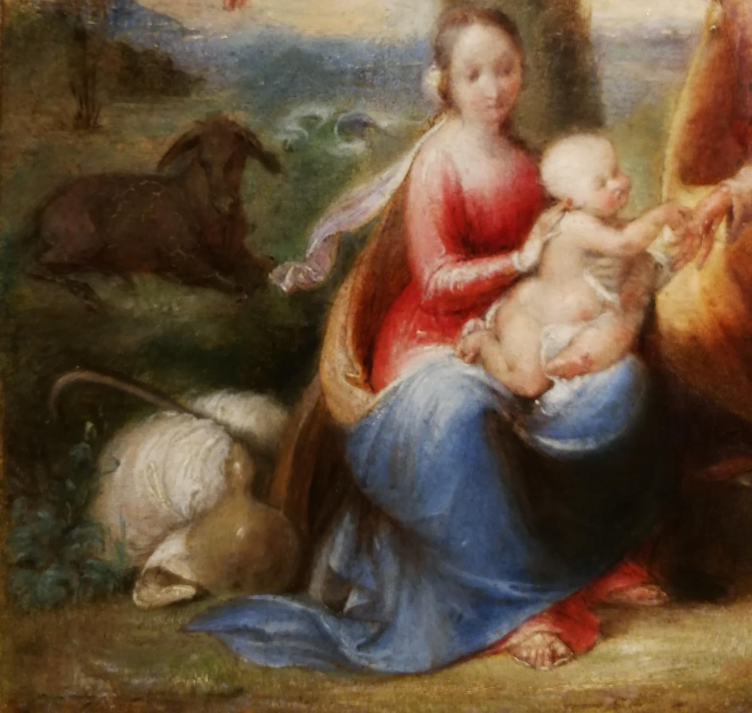 La escena representada se basa en el capítulo 20 del Evangelio apócrifo del Pseudo Matteo y describe un suceso acaecido durante la fuga de Egipto. Maria, stanca, chiede a Giuseppe di raccoglierle dei datteri da una palma, attività in quale egli non