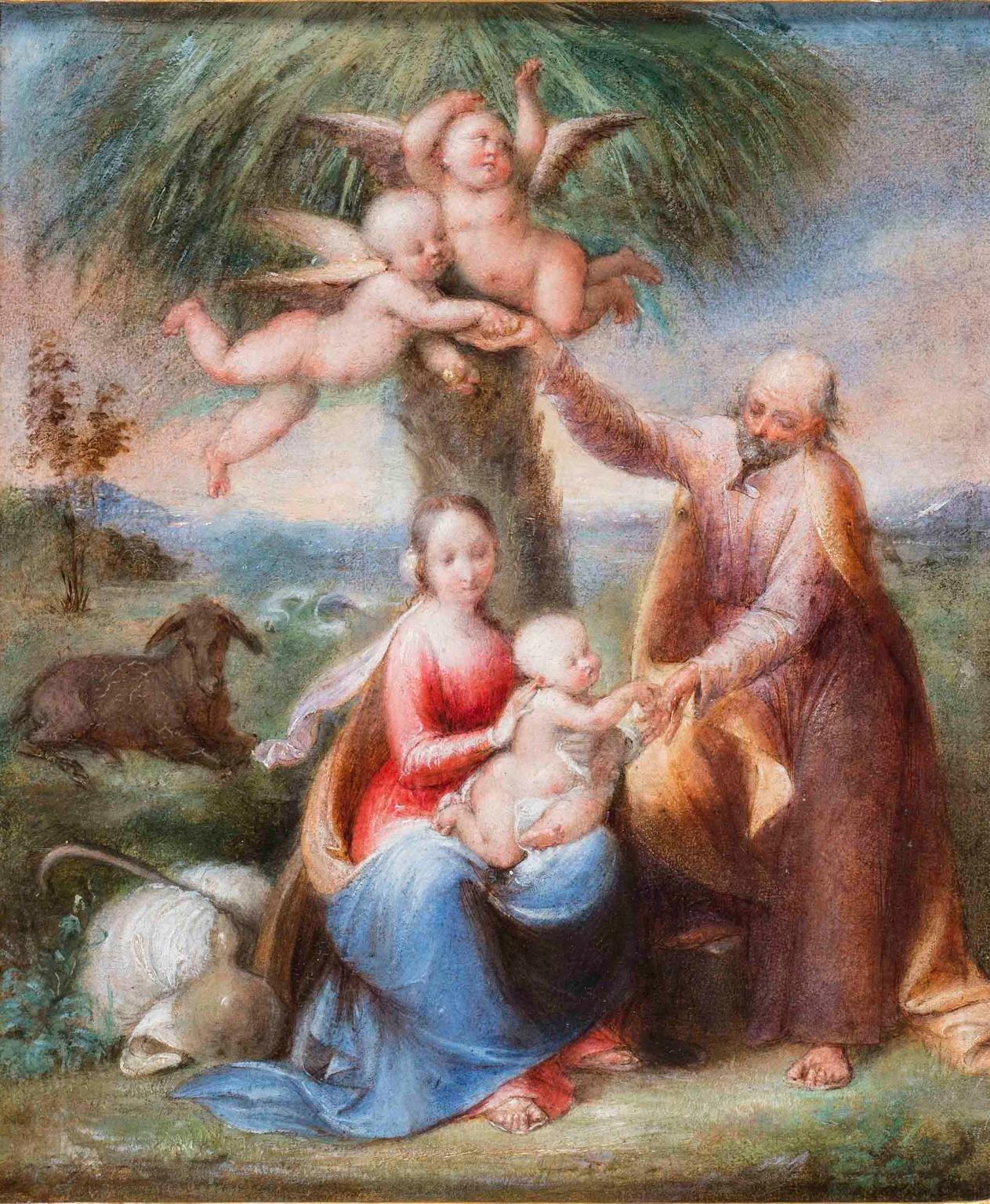 Tommaso Minardi (attr.) Figurative Painting - Tommaso Minardi Flight to Egypt 19 century oil paper wood