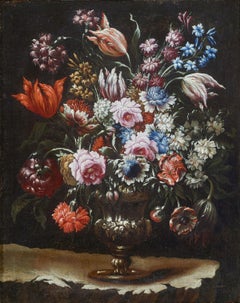 Antique 18th Century Tommaso Realfonso Still Life Flower Vase Oil on Canvas Red White