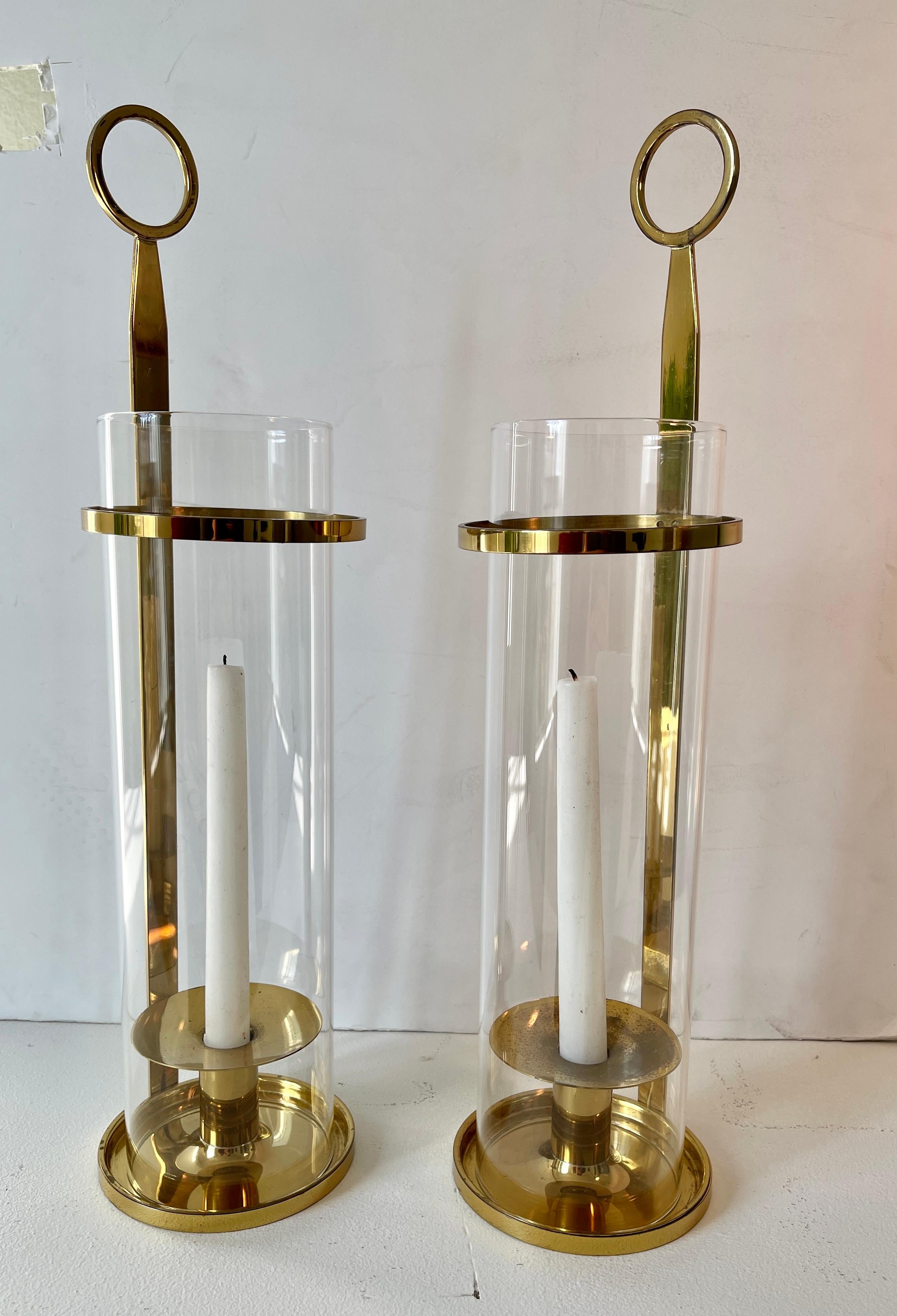 American Tommi Parzinger           (1901 - 1981) Pair of Brass and Glass Candle Holders 