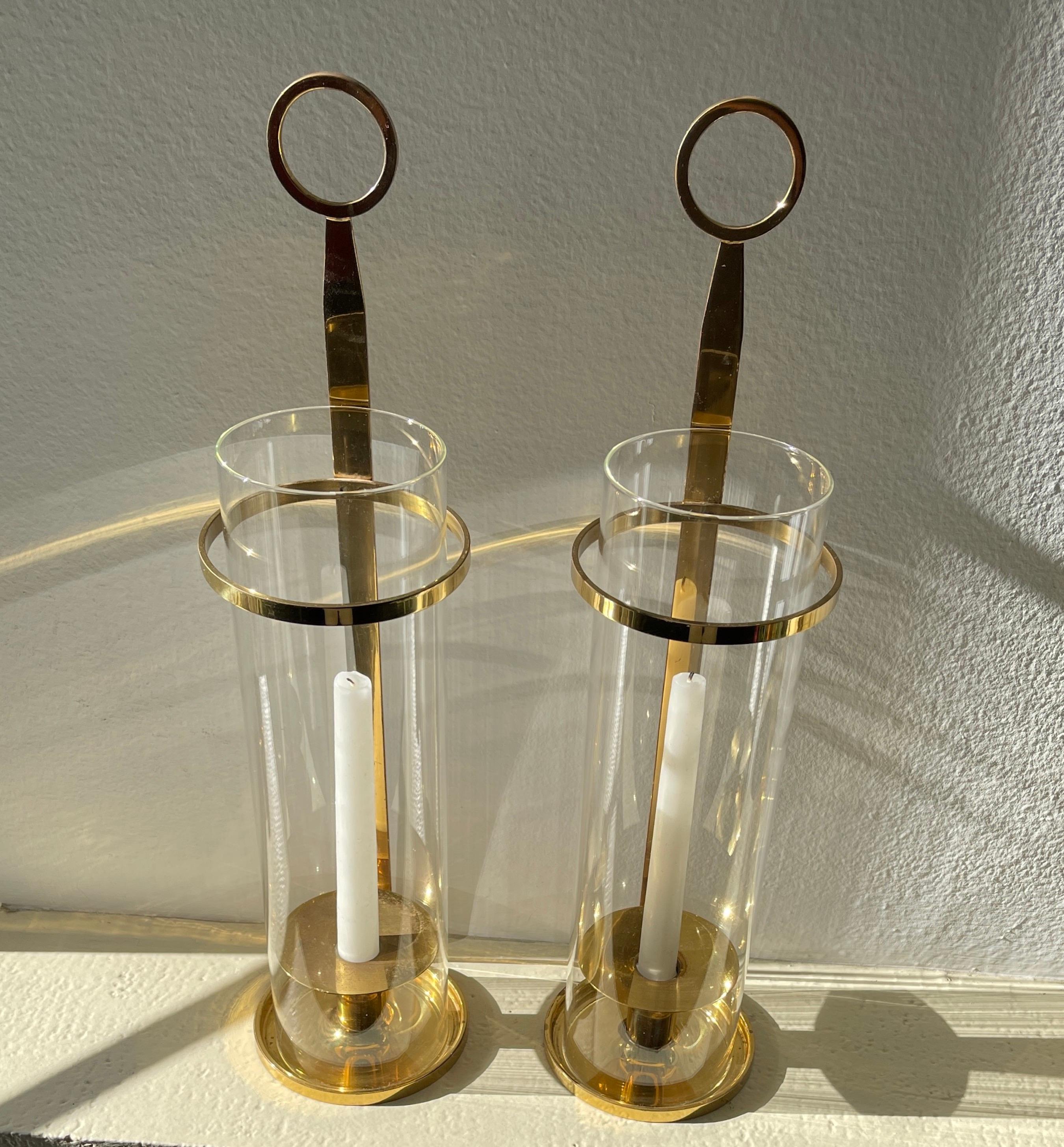 Mid-Century Modern Tommi Parzinger           (1901 - 1981) Pair of Brass and Glass Candle Holders 