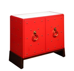 Tommi Parzinger 2 Door Lacquered and Bronze Studded Cabinet 1960s 'Signed'