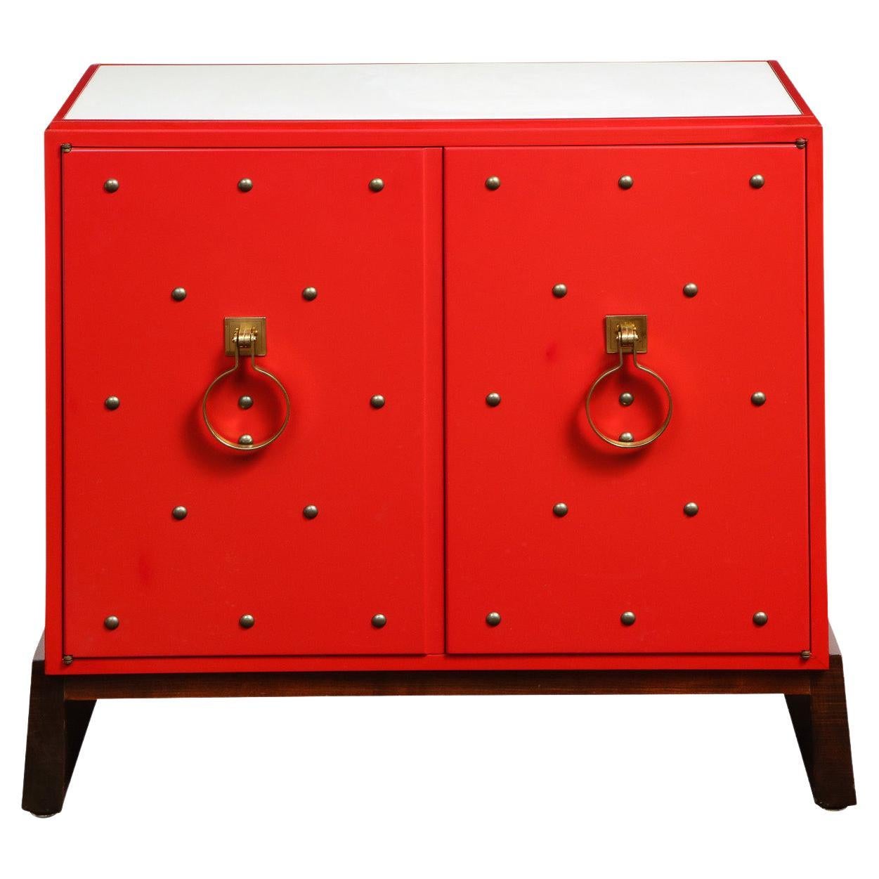 Tommi Parzinger 2 Door Lacquered and Bronze Studded Cabinet 1960s 
Signed

