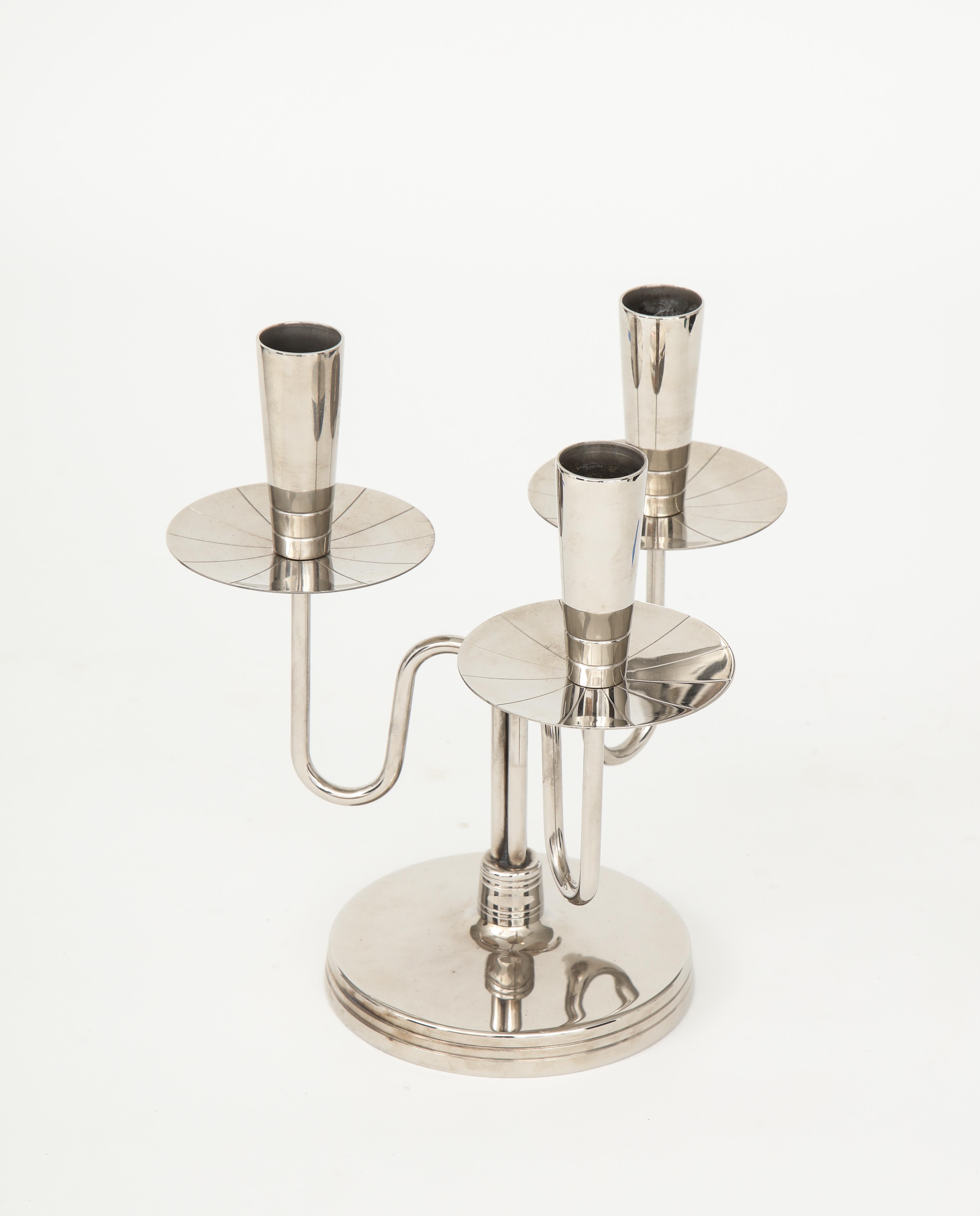 Mid-Century Modern Pair of Tommi Parzinger 3-Arm Nickel Candelabras For Sale