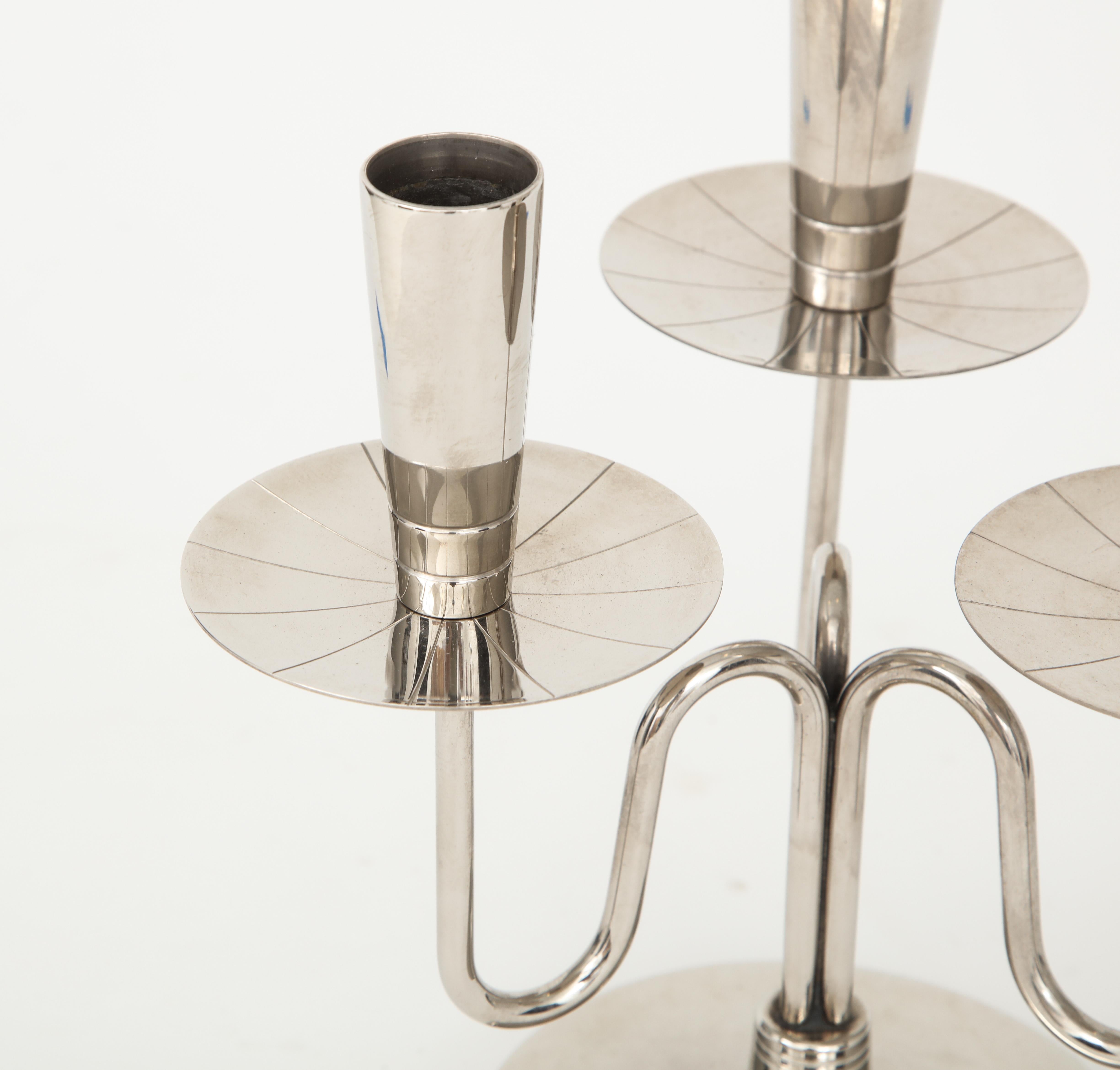 Pair of Tommi Parzinger 3-Arm Nickel Candelabras In Excellent Condition For Sale In New York, NY