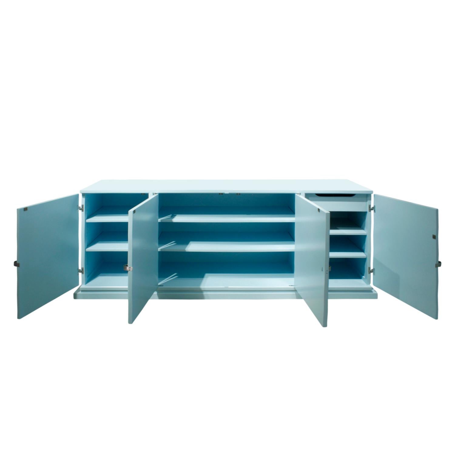 Mid-Century Modern Tommi Parzinger 4-Door Blue Cabinet with Iconic Hardware, 1960s
