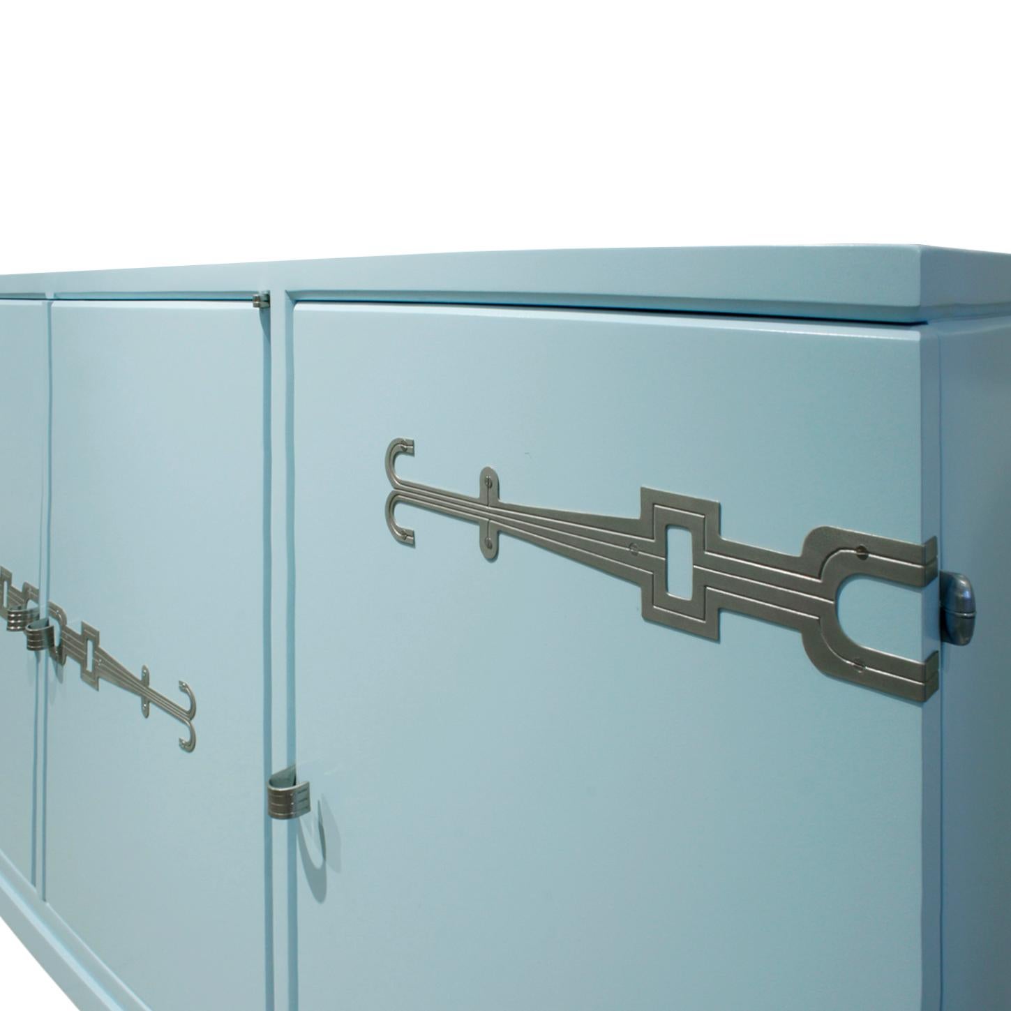 Hand-Crafted Tommi Parzinger 4-Door Blue Cabinet with Iconic Hardware, 1960s