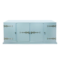 Tommi Parzinger 4-Door Blue Cabinet with Iconic Hardware, 1960s
