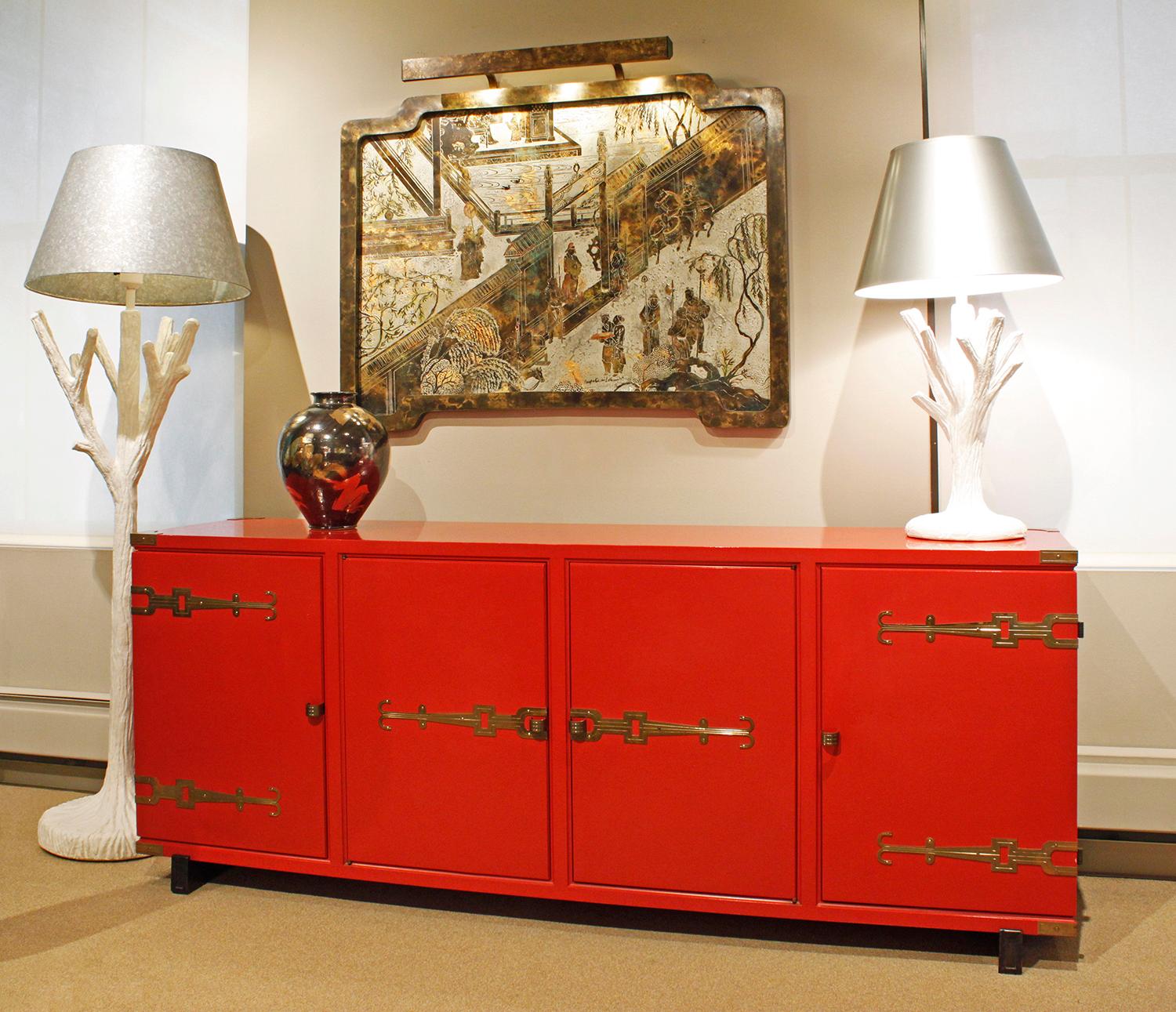 Tommi Parzinger 4 Door Chinese Red Cabinet With Iconic Hardware 1950s 1