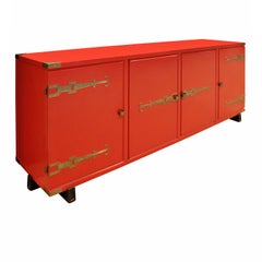 Tommi Parzinger 4 Door Chinese Red Cabinet With Iconic Hardware 1950s