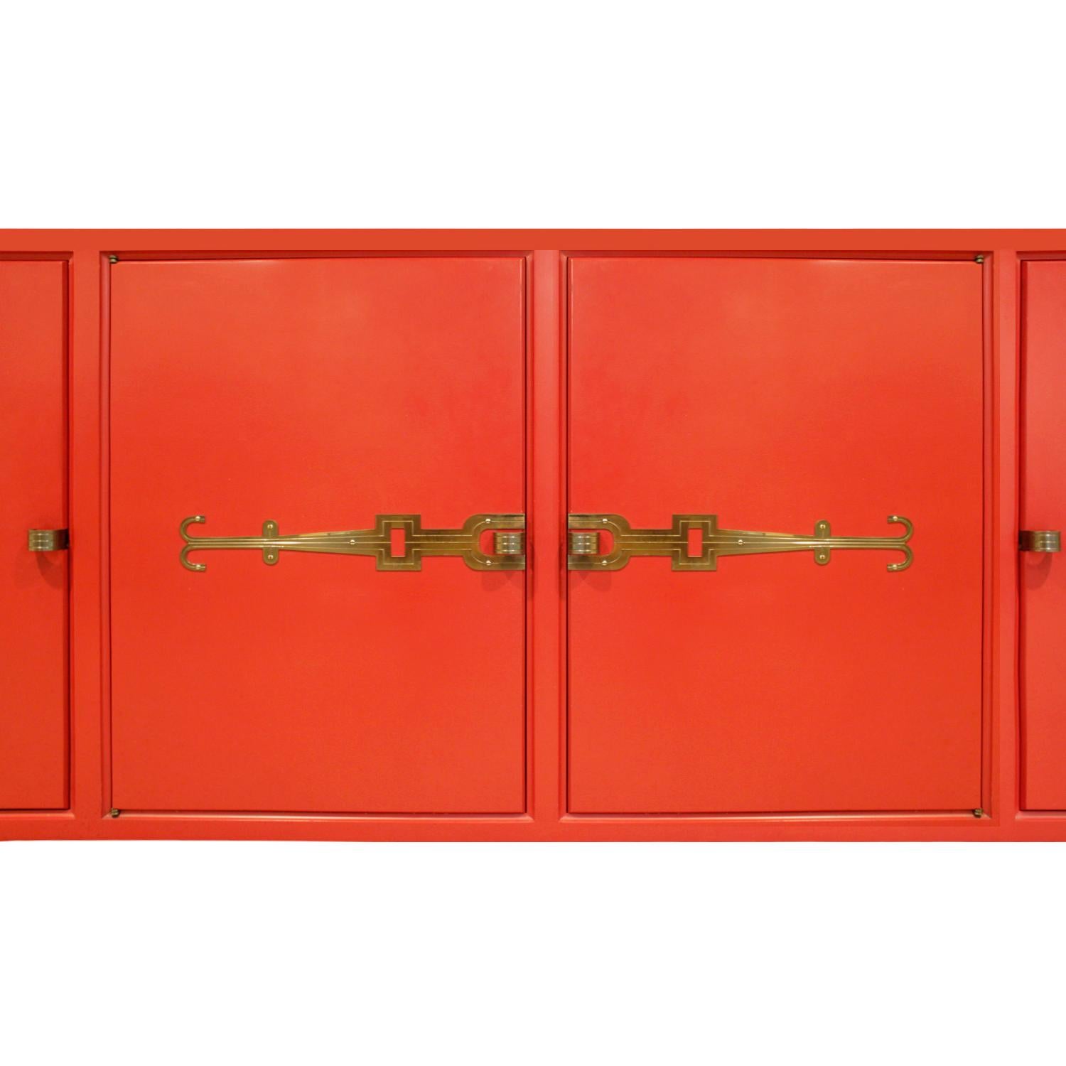 Mid-Century Modern Tommi Parzinger 4 Door Chinese Red Cabinet With Iconic Hardware 1950s