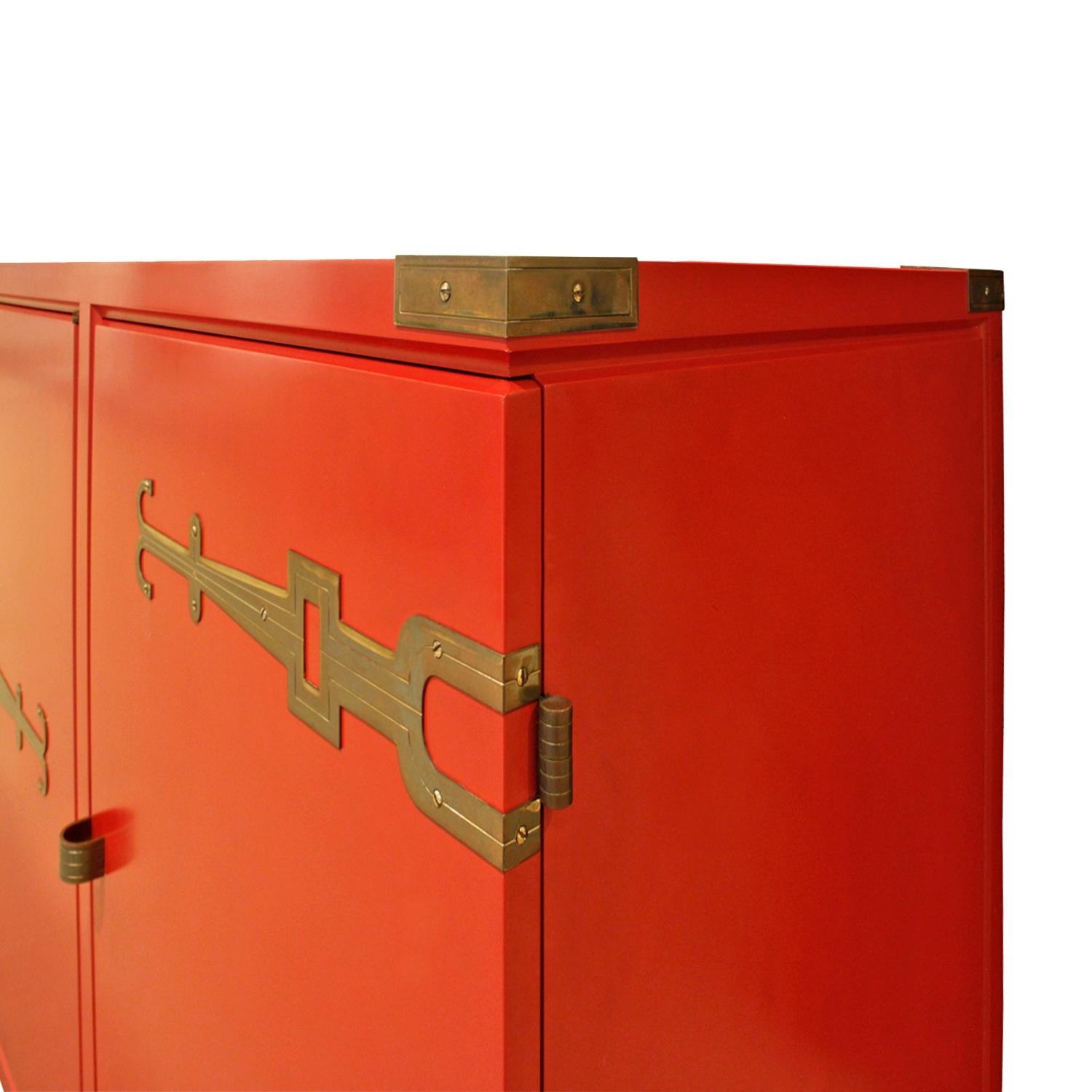 American Tommi Parzinger 4 Door Chinese Red Cabinet With Iconic Hardware 1950s