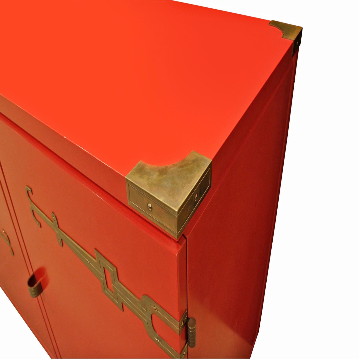 Hand-Crafted Tommi Parzinger 4 Door Chinese Red Cabinet With Iconic Hardware 1950s