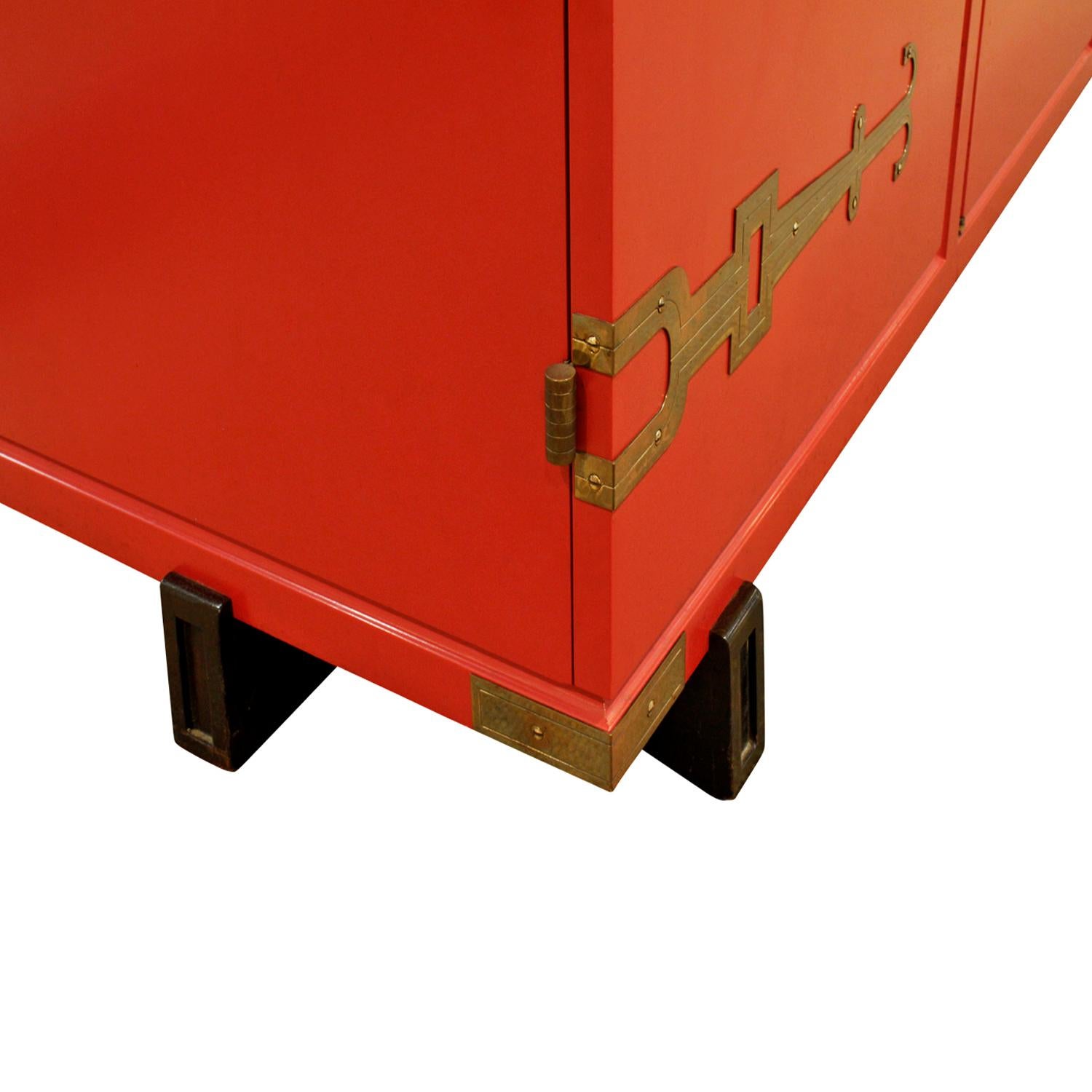 Tommi Parzinger 4 Door Chinese Red Cabinet With Iconic Hardware 1950s In Excellent Condition In New York, NY