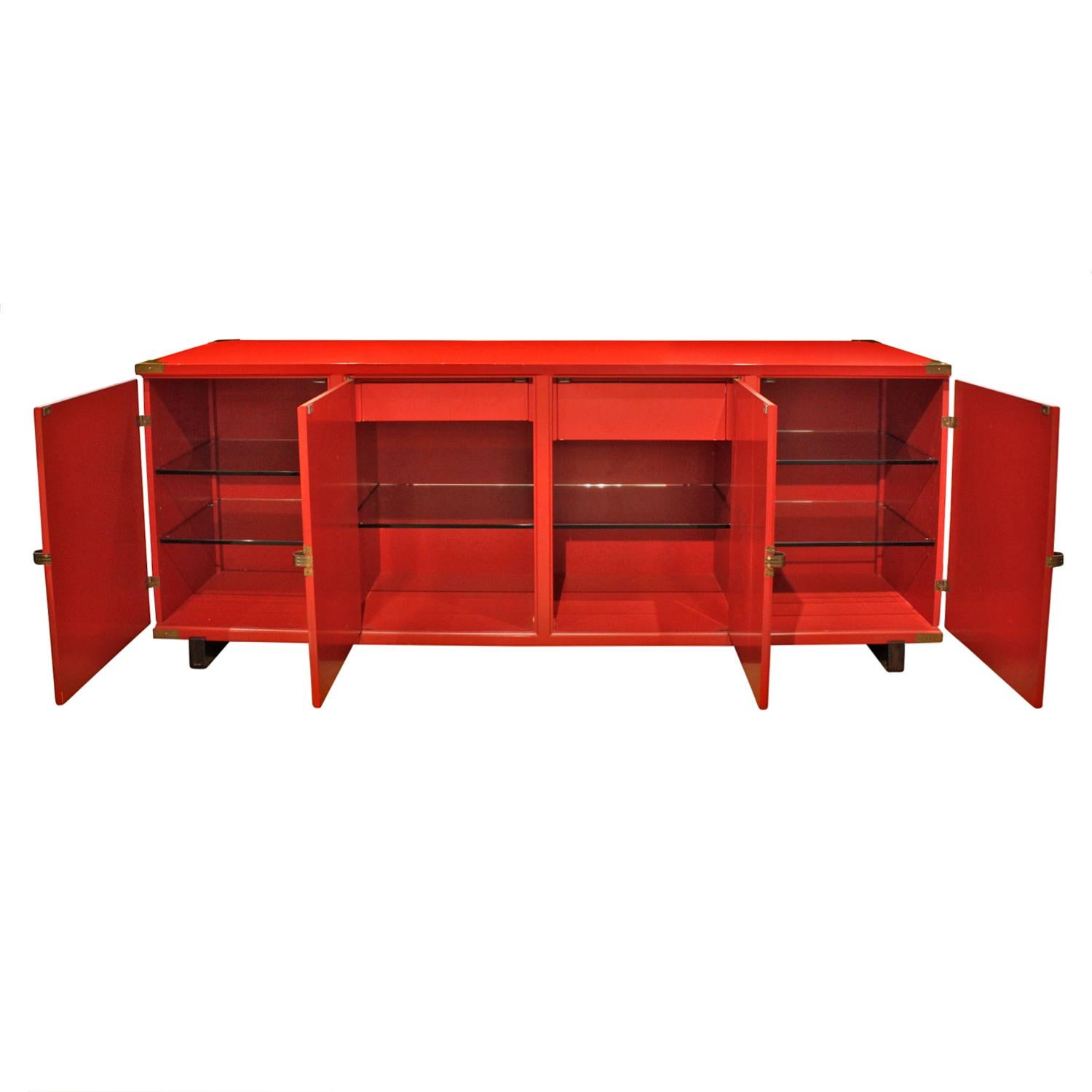 Mid-20th Century Tommi Parzinger 4 Door Chinese Red Cabinet With Iconic Hardware 1950s