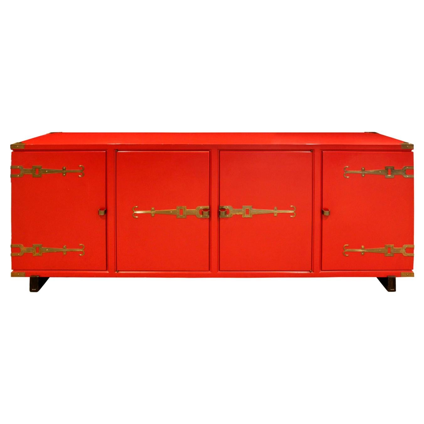 Tommi Parzinger 4 Door Chinese Red Cabinet With Iconic Hardware 1950s