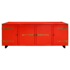 Tommi Parzinger 4 Door Chinese Red Cabinet With Iconic Hardware 1950s