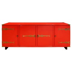 Tommi Parzinger 4 Door Chinese Red Cabinet With Iconic Hardware 1950s