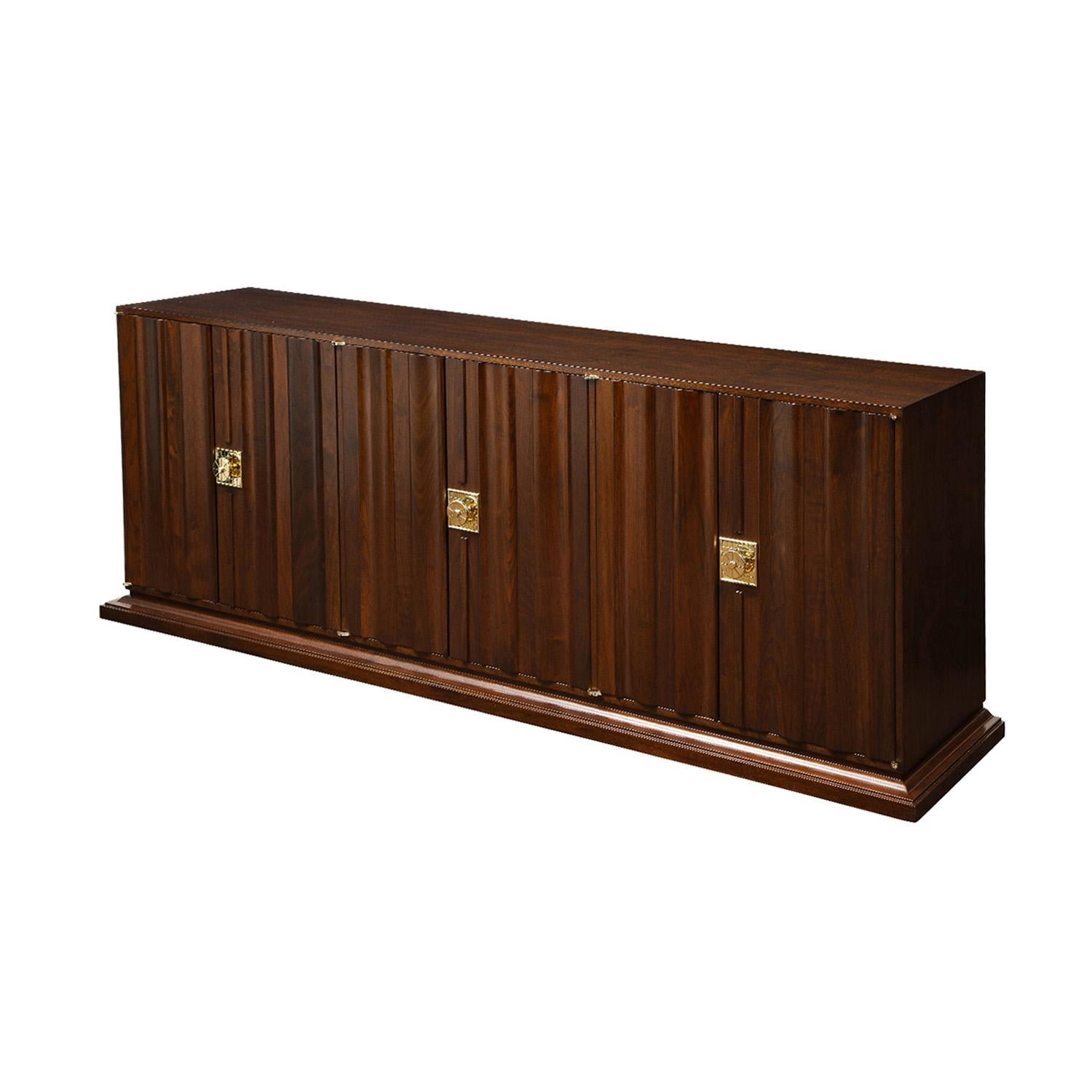 Tommi Parzinger 6-Door Credenza in Walnut with Iconic Brass Hardware 1960s  at 1stDibs