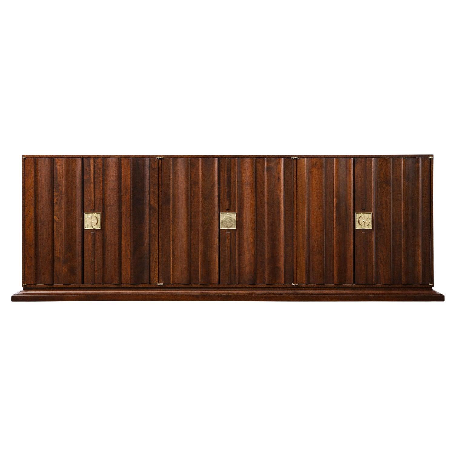 Tommi Parzinger 6-Door Credenza in Walnut with Iconic Brass Hardware 1960s