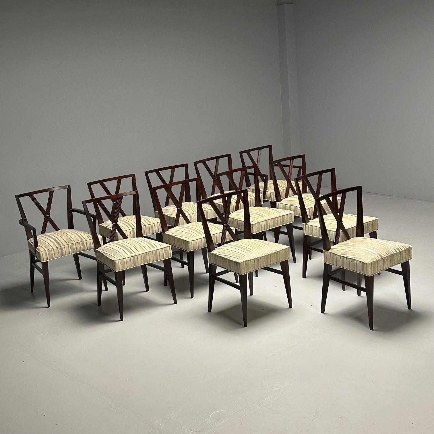 Tommi Parzinger Attrib., metà del secolo moderno, Dodici sedie da pranzo, anni '60

Set di dodici sedie per sala da pranzo. Il tutto è stato completamente rifinito e rivestito con una tappezzeria nuova di zecca. Il set è dotato di schienali a X che