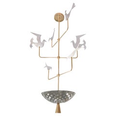 Lustre oiseaux à 3 niveaux attribué à Tommi Parzinger en laiton et acier des années 1960