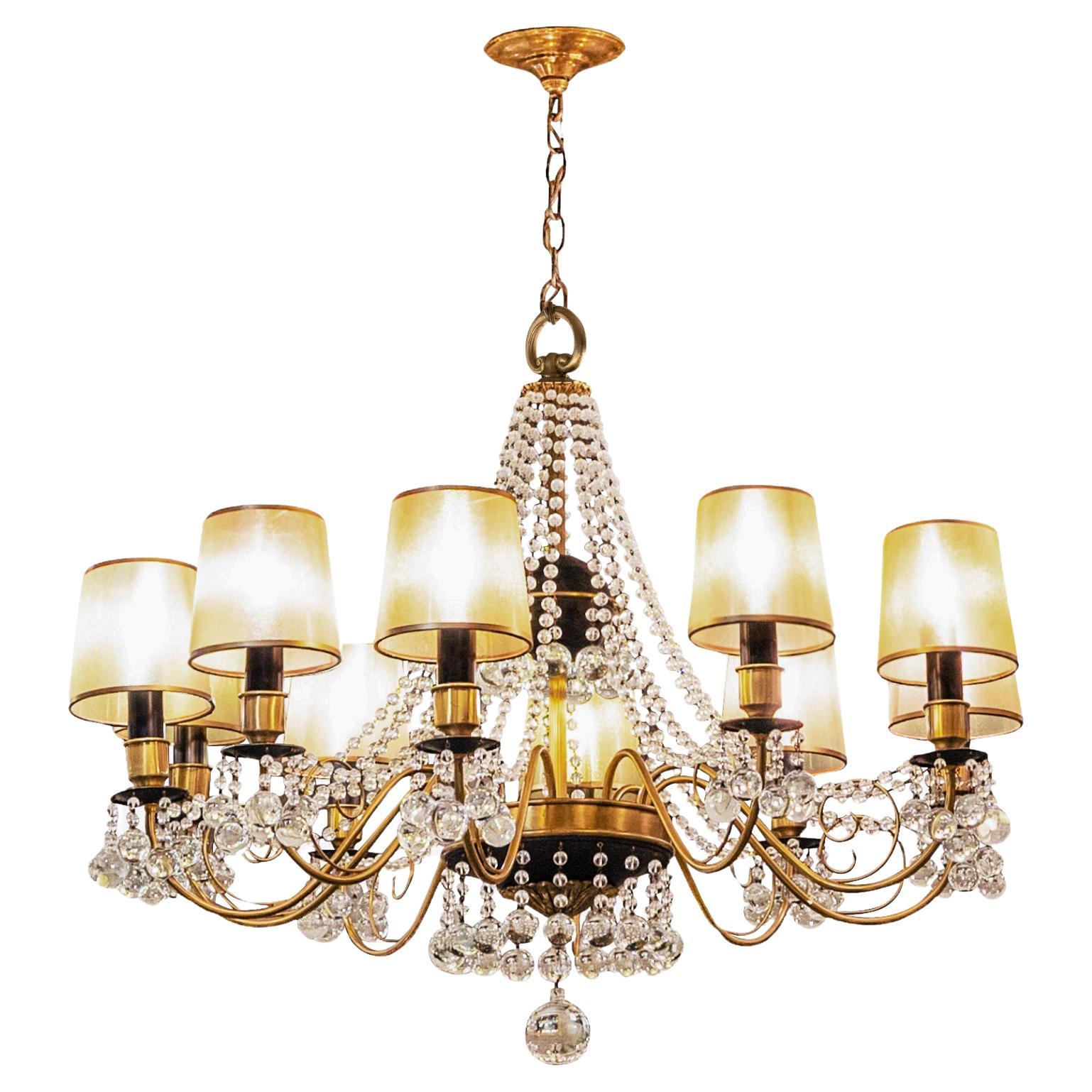 Tommi Parzinger Attributed Elegant 10 Arm Chandelier with Crystals 1950s For Sale