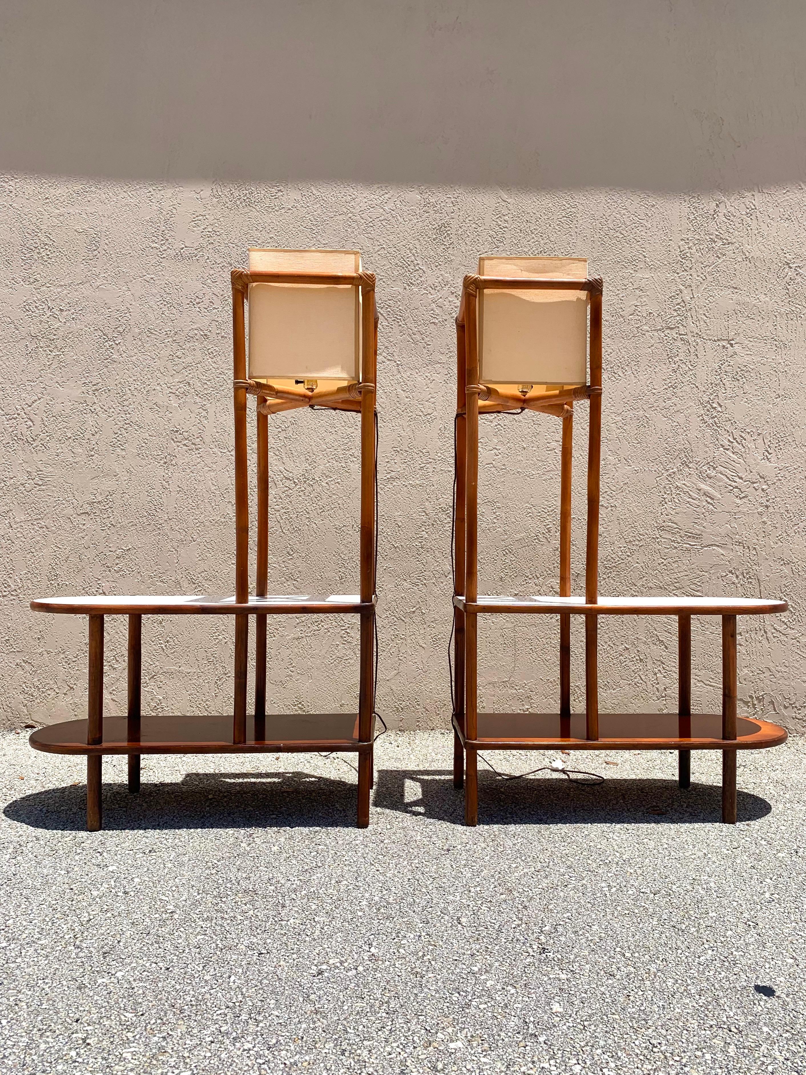 Wood Tommi Parzinger Attributed Lighted End Tables, a Pair For Sale