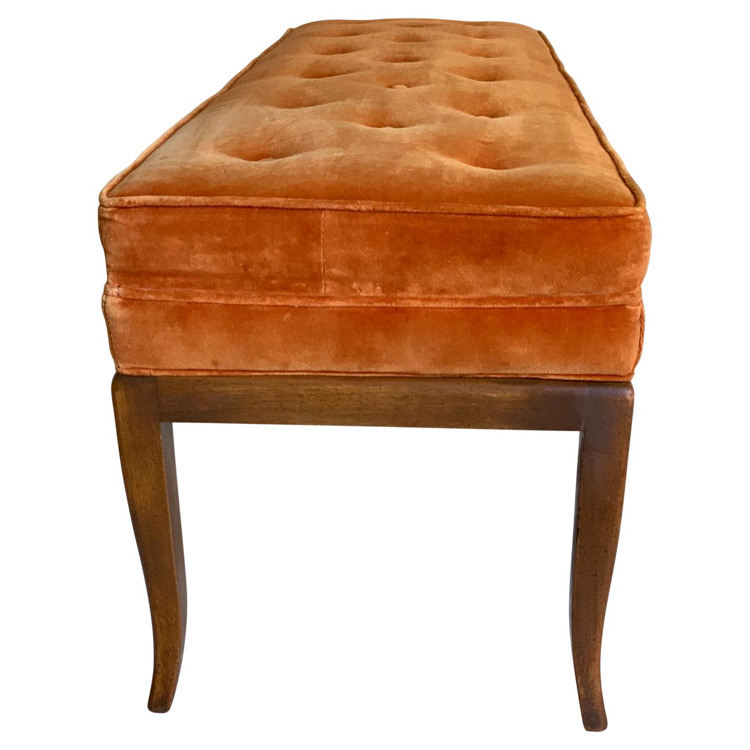 Mid-20th Century Tommi Parzinger Bench with Orange Velvet Tufted Upholstery