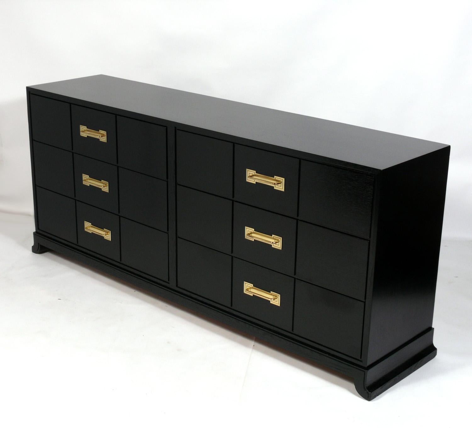 Mid-Century Modern Tommi Parzinger Black Lacquer and Brass Large Scale Chest or Credenza For Sale