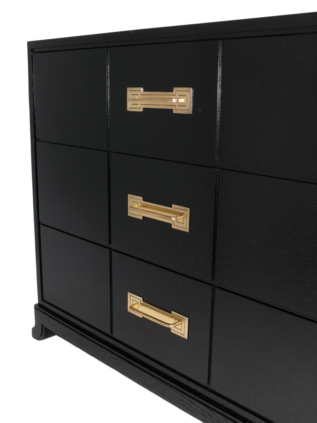 American Tommi Parzinger Black Lacquer and Brass Large Scale Chest or Credenza For Sale