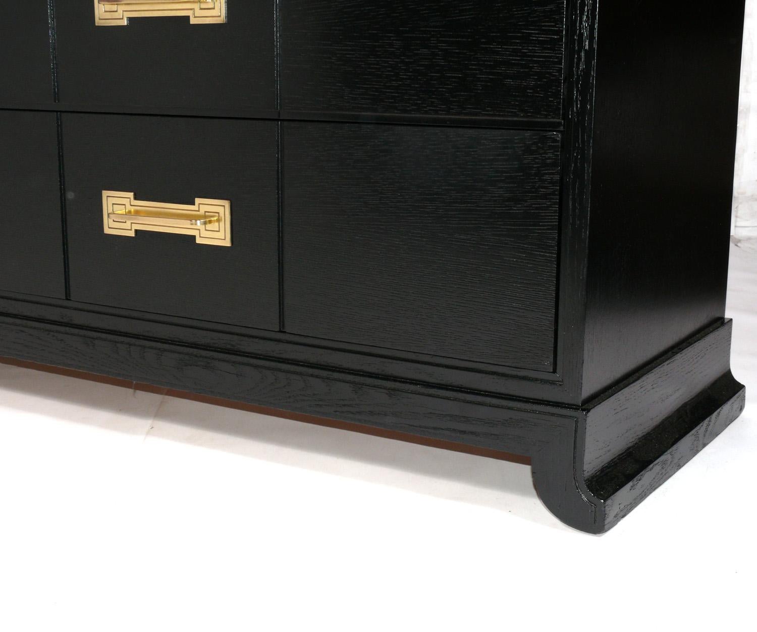 Lacquered Tommi Parzinger Black Lacquer and Brass Large Scale Chest or Credenza For Sale