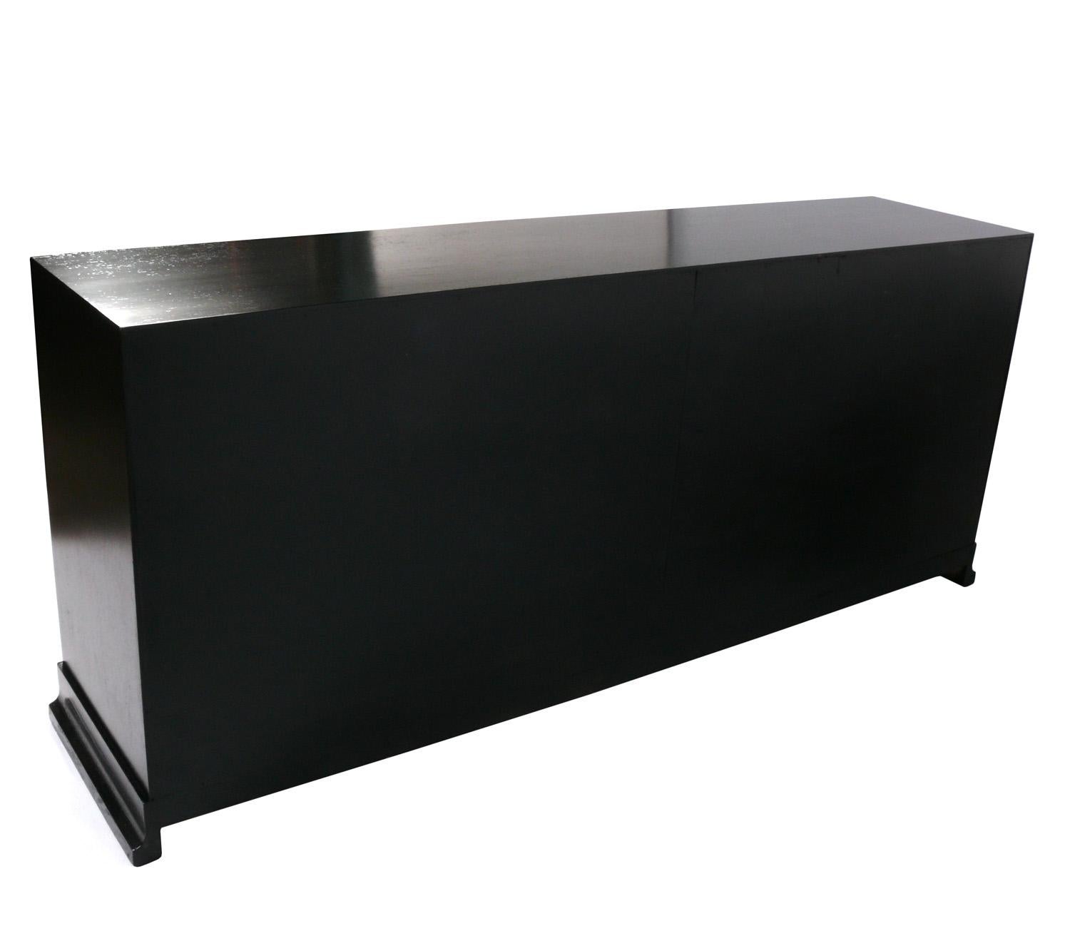 Tommi Parzinger Black Lacquer and Brass Large Scale Chest or Credenza In Good Condition For Sale In Atlanta, GA