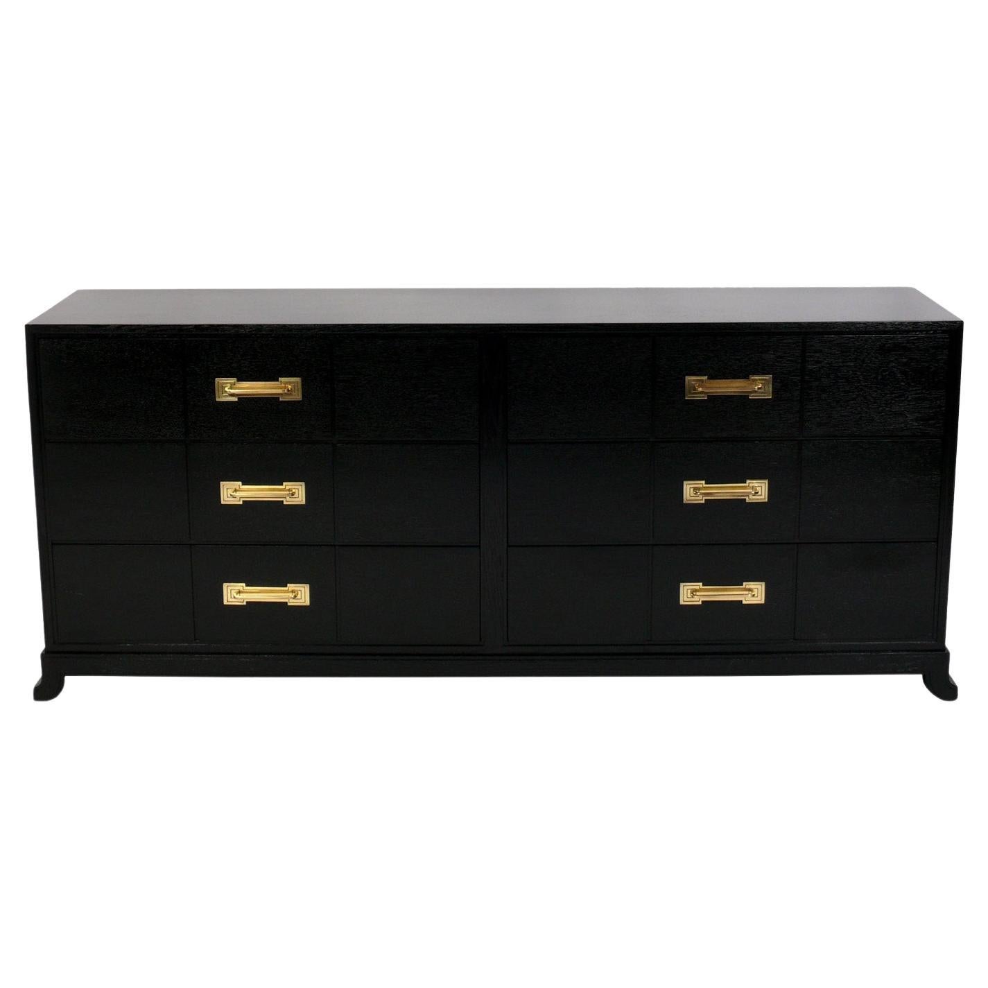 Tommi Parzinger Black Lacquer and Brass Large Scale Chest or Credenza For Sale