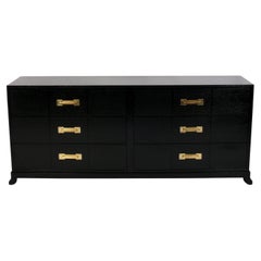 Tommi Parzinger Black Lacquer and Brass Large Scale Chest or Credenza
