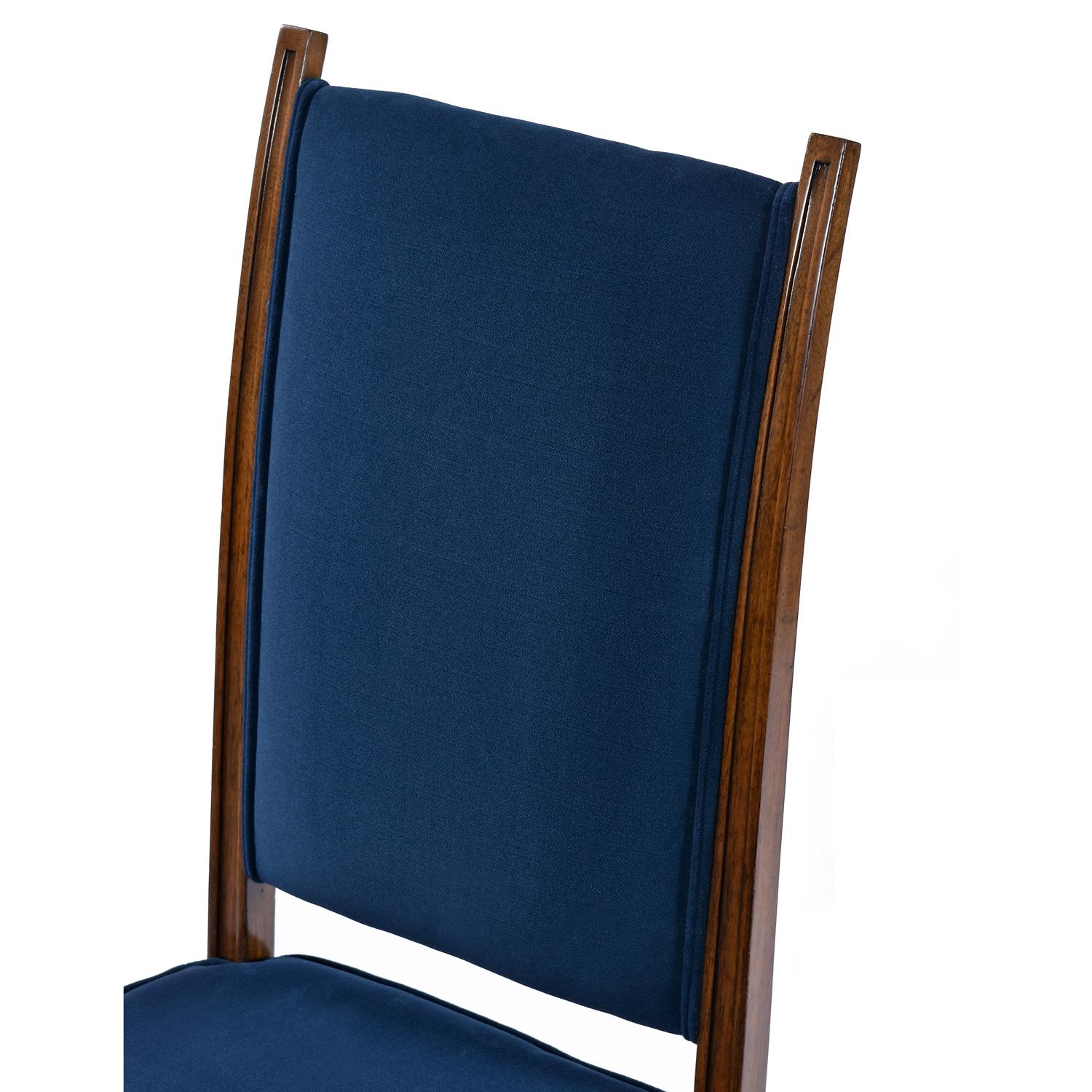 Tommi Parzinger Blue Velvet Walnut High Back Dining Chairs Set of 8 For Sale 4
