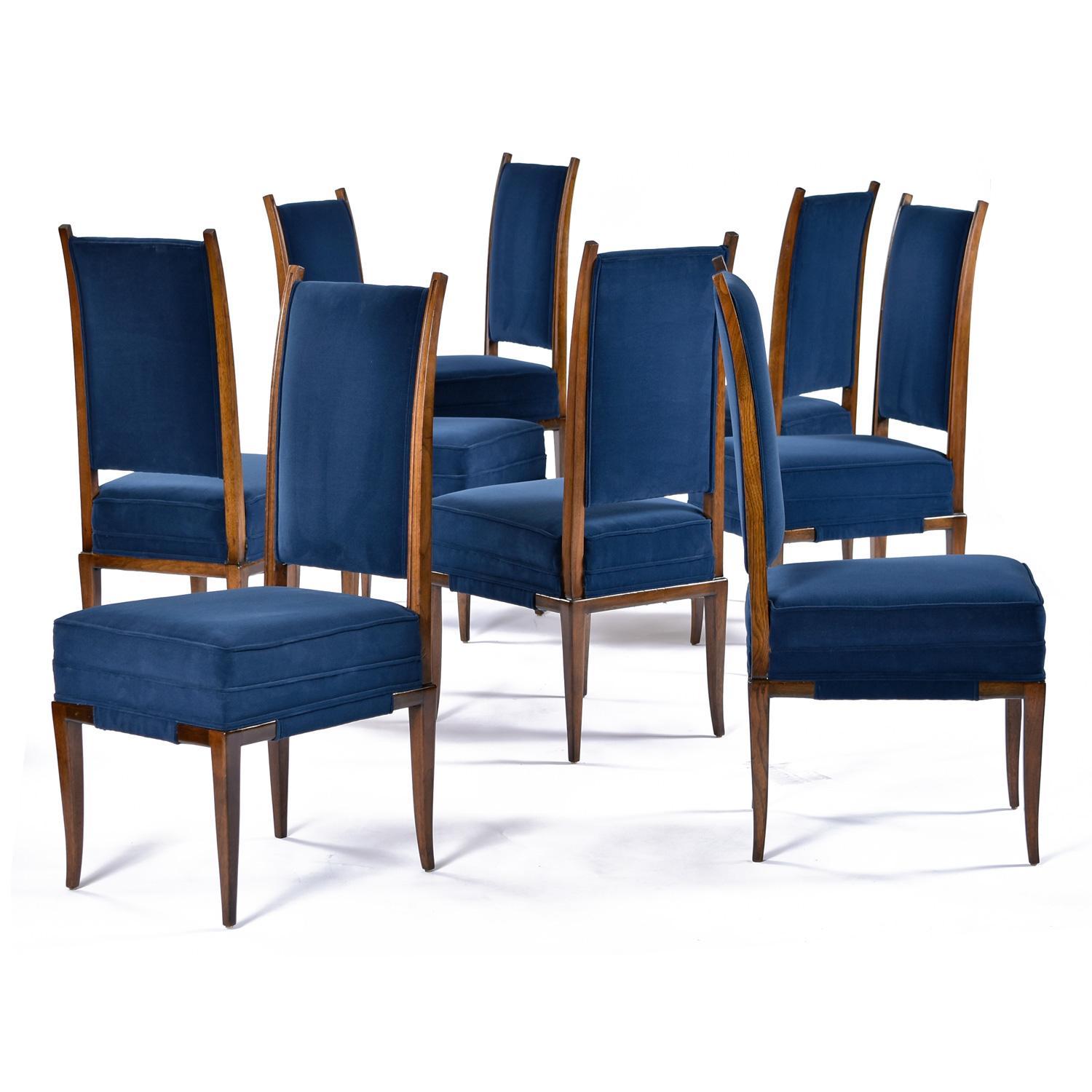 These Tommi Parzinger chairs exude dignified glamour in this sultry blue velvet material.  We purchased this set from a decorator who spent thousands on this Kravet fabric and re-upholstery, only to have the project fall through.  And that's when