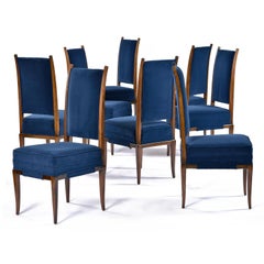 Tommi Parzinger Blue Velvet Walnut High Back Dining Chairs Set of 8