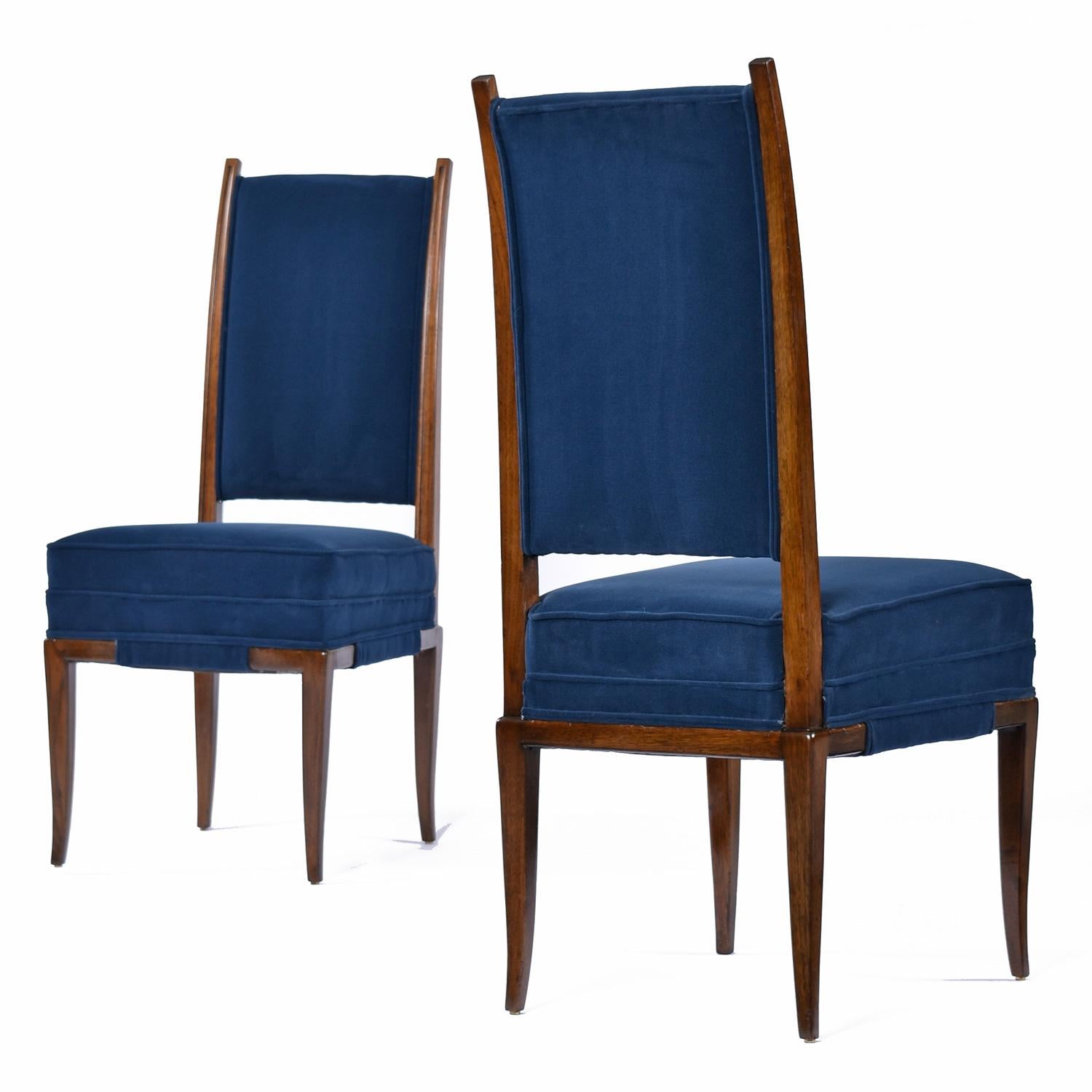 Mid-Century Modern Tommi Parzinger Blue Velvet Walnut High Back Dining Chairs Set of 8 For Sale