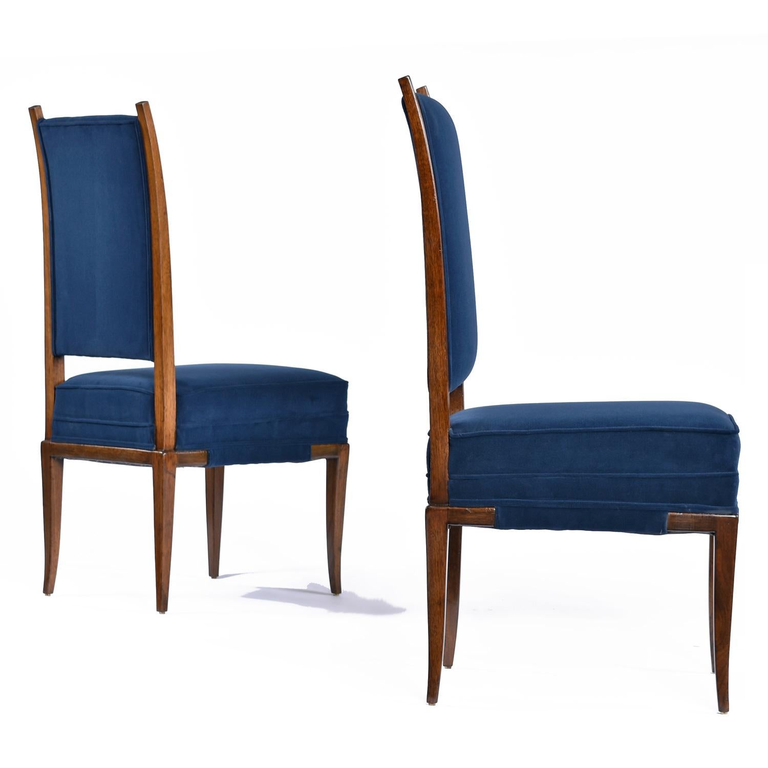 American Tommi Parzinger Blue Velvet Walnut High Back Dining Chairs Set of 8 For Sale