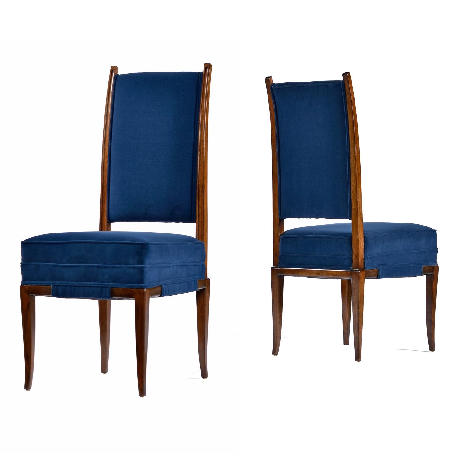 Tommi Parzinger Blue Velvet Walnut High Back Dining Chairs Set of 8 In Good Condition For Sale In Chattanooga, TN