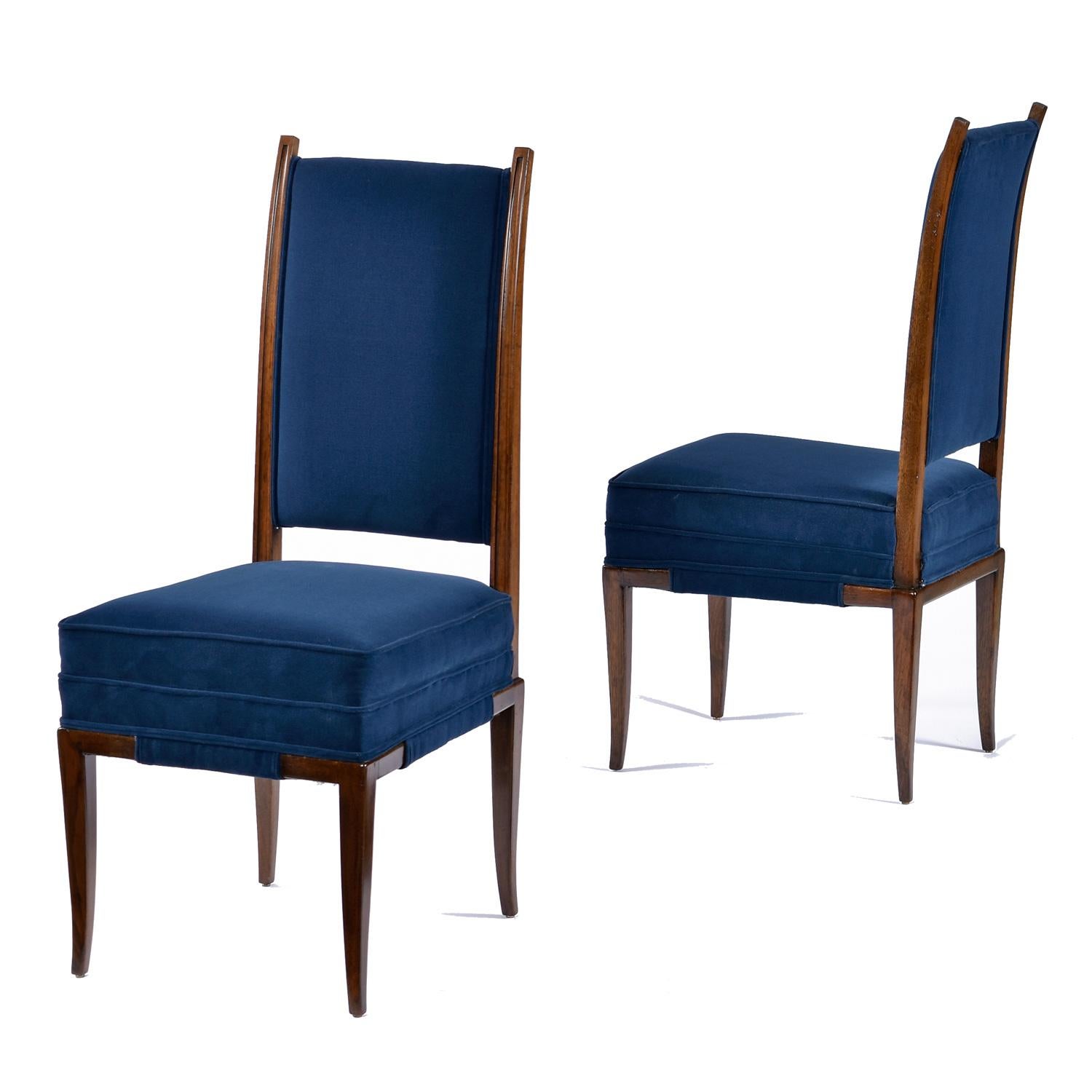 Mid-20th Century Tommi Parzinger Blue Velvet Walnut High Back Dining Chairs Set of 8 For Sale