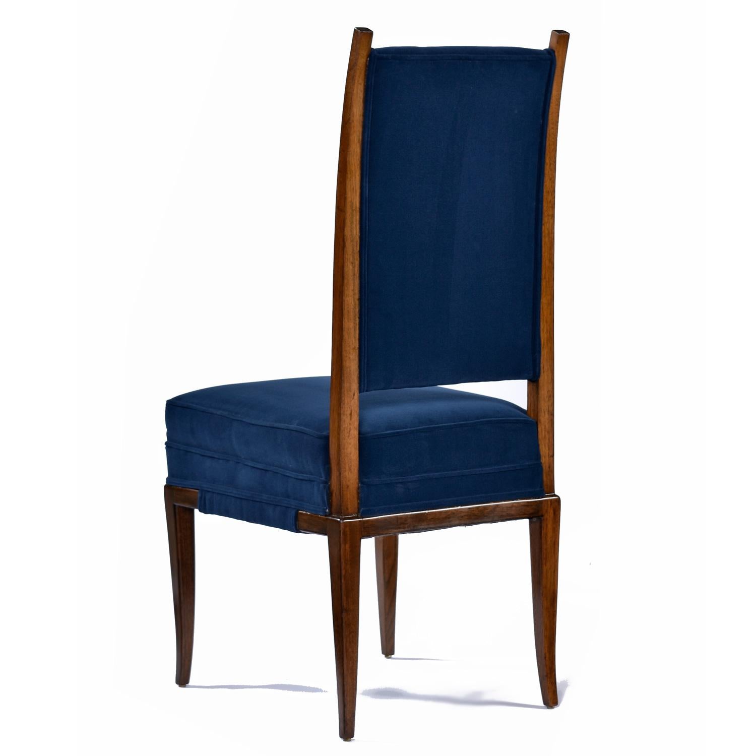 Upholstery Tommi Parzinger Blue Velvet Walnut High Back Dining Chairs Set of 8 For Sale