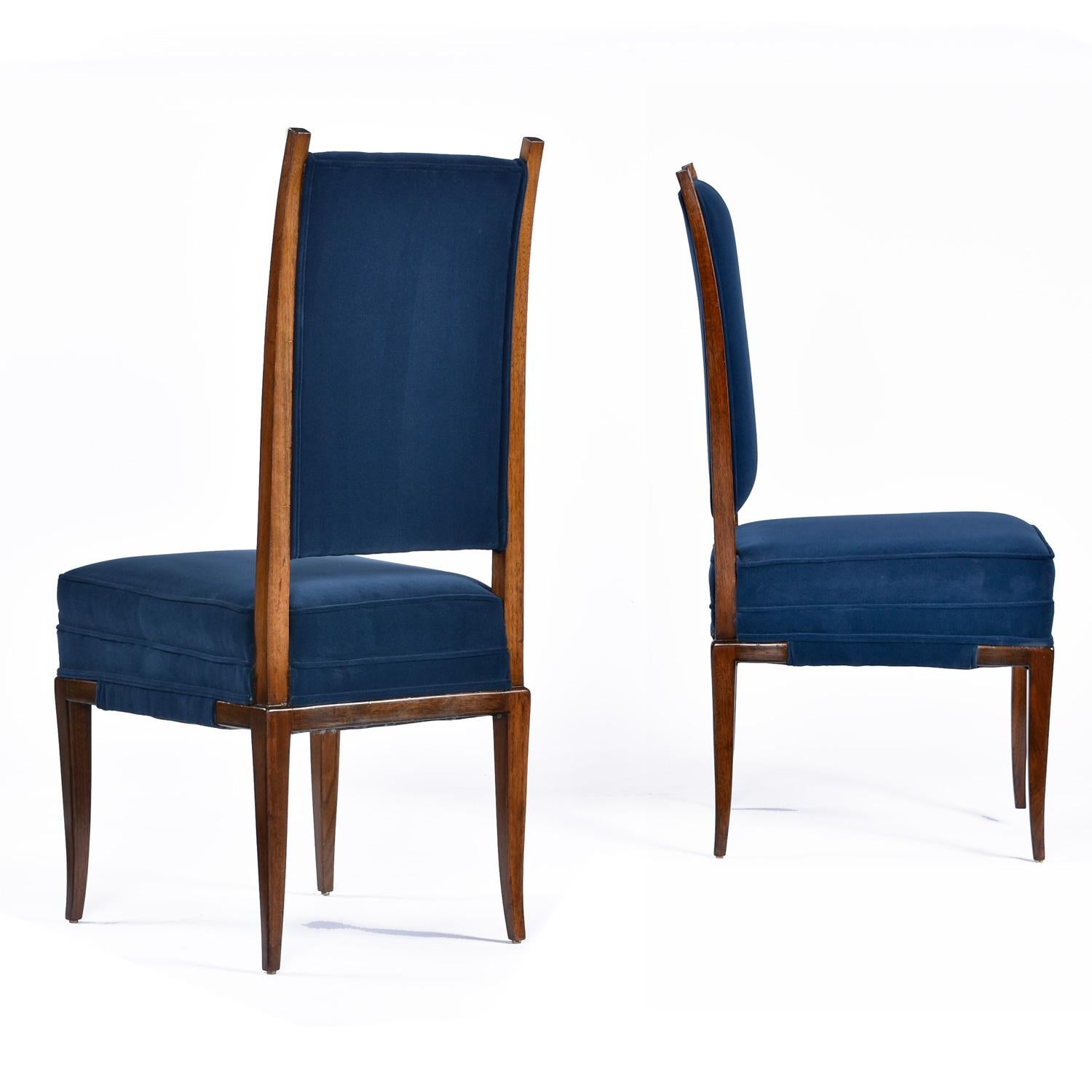 Tommi Parzinger Blue Velvet Walnut High Back Dining Chairs Set of 8 For Sale 1