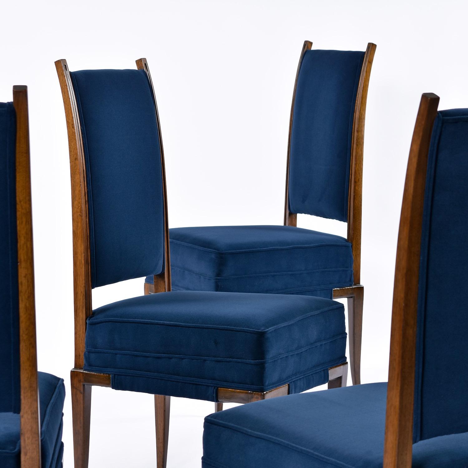 Tommi Parzinger Blue Velvet Walnut High Back Dining Chairs Set of 8 For Sale 2