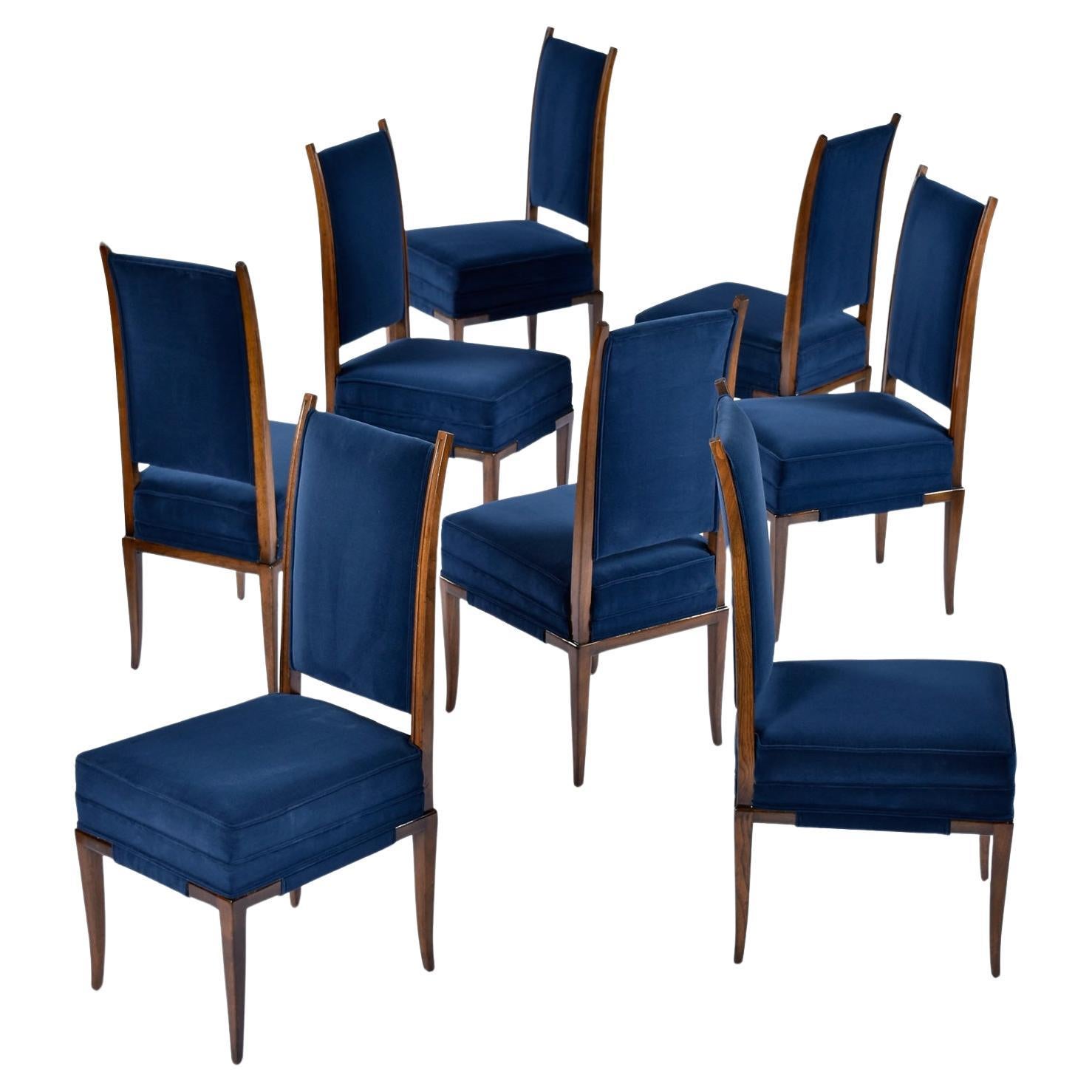 Tommi Parzinger Blue Velvet Walnut High Back Dining Chairs Set of 8 For Sale
