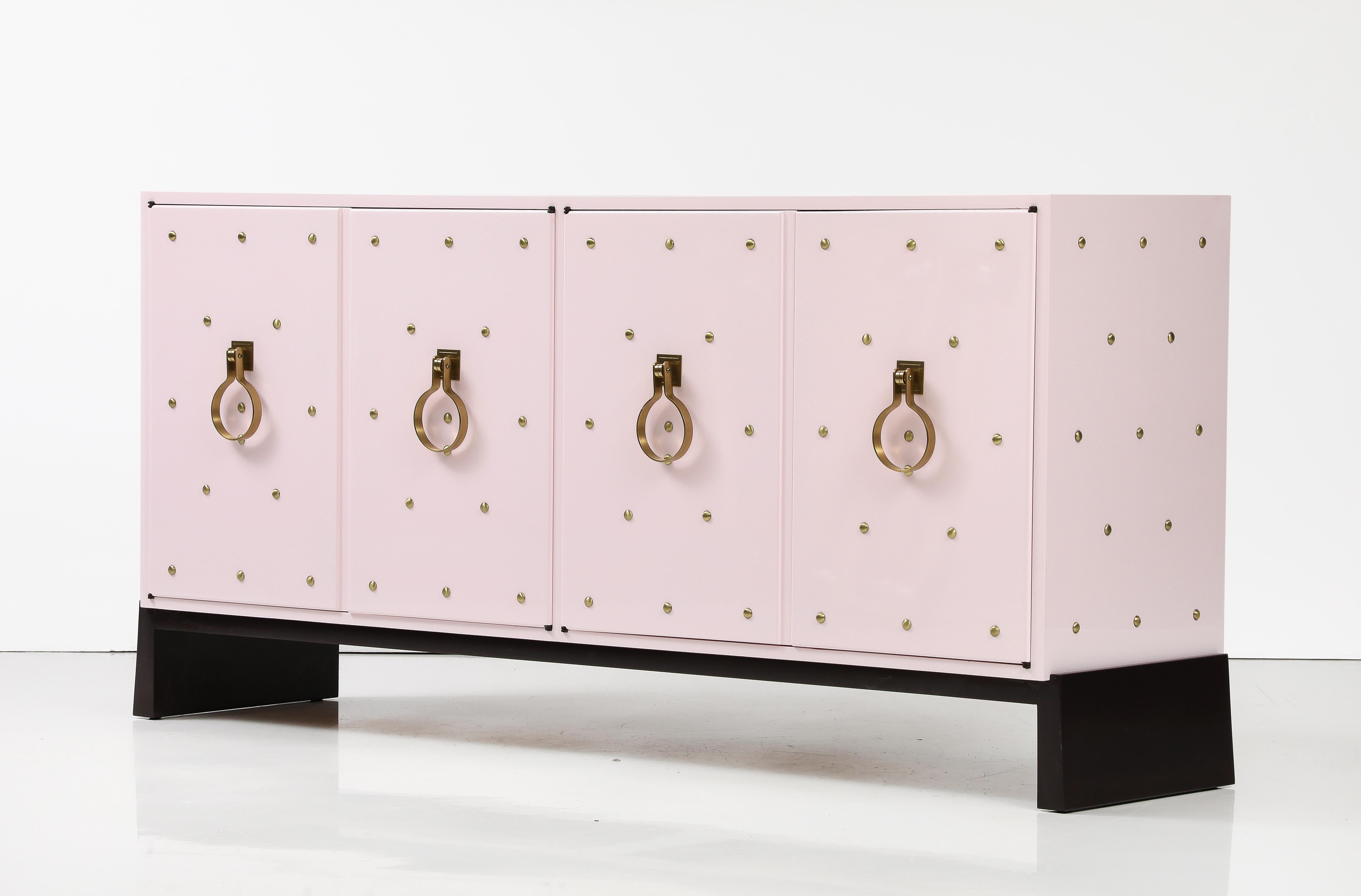 Hollywood Regency Tommi Parzinger Brass Stud, Shell Pink Lacquer Credenza, Signed For Sale