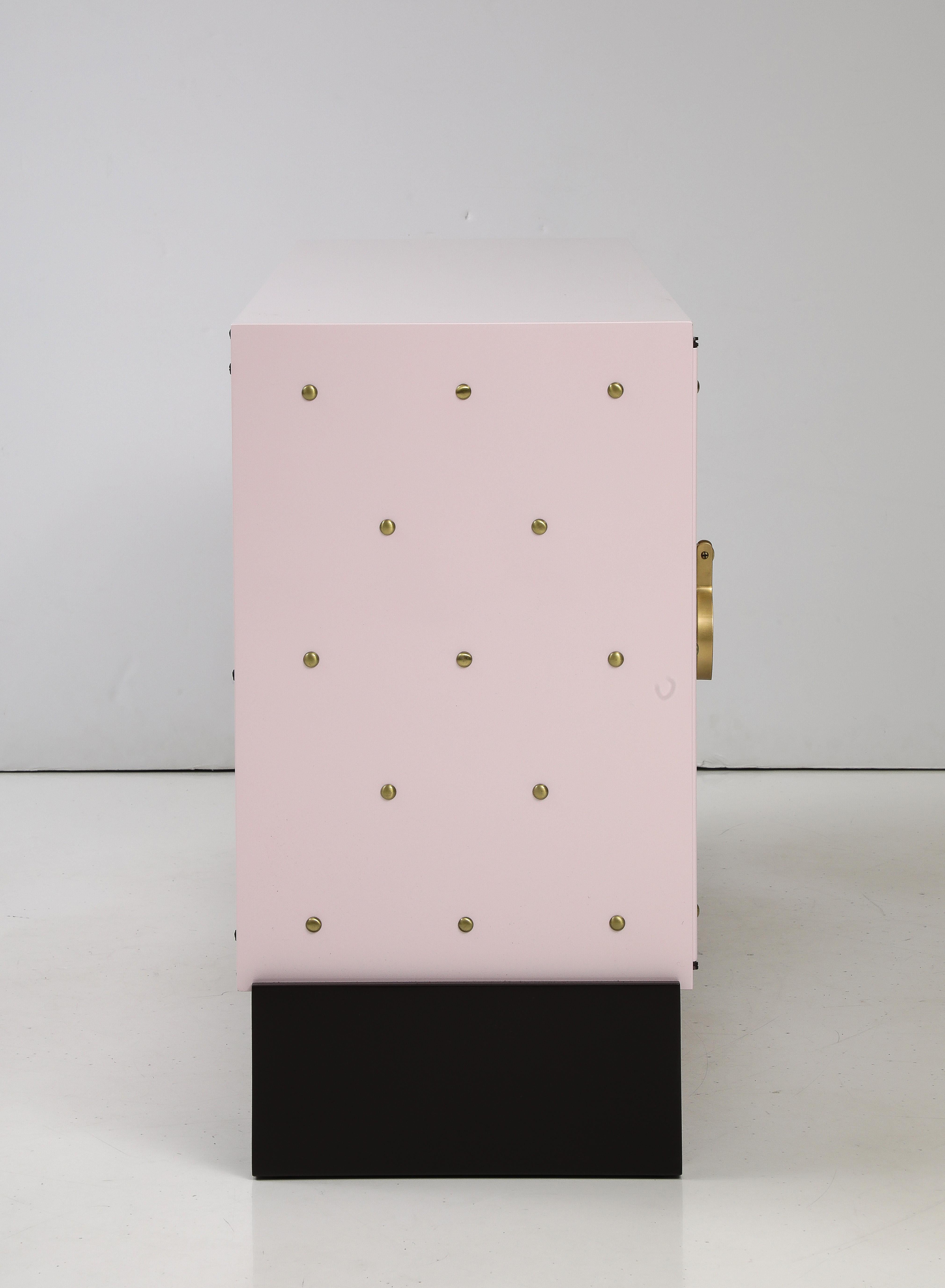 American Tommi Parzinger Brass Stud, Shell Pink Lacquer Credenza, Signed For Sale