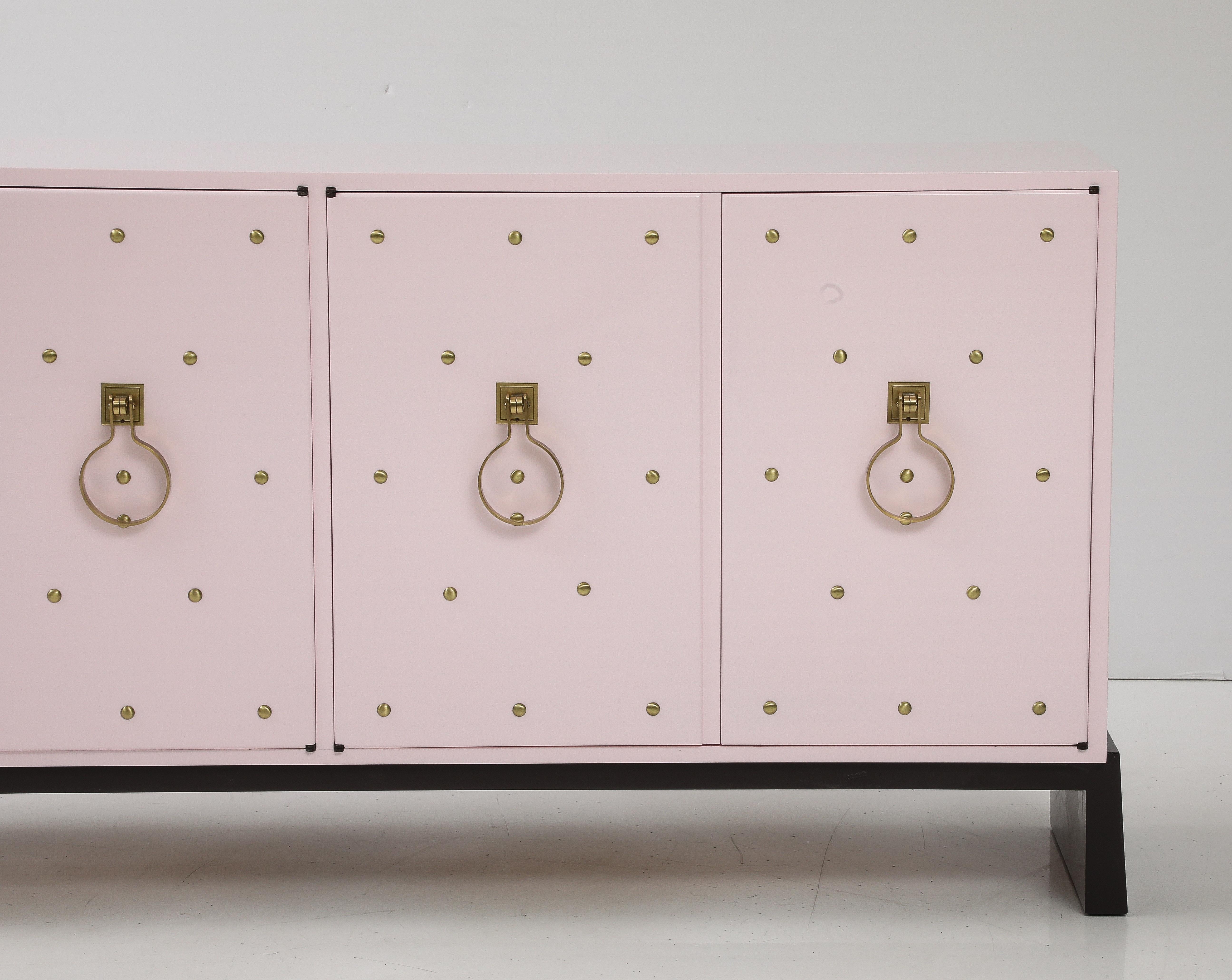 Lacquered Tommi Parzinger Brass Stud, Shell Pink Lacquer Credenza, Signed For Sale